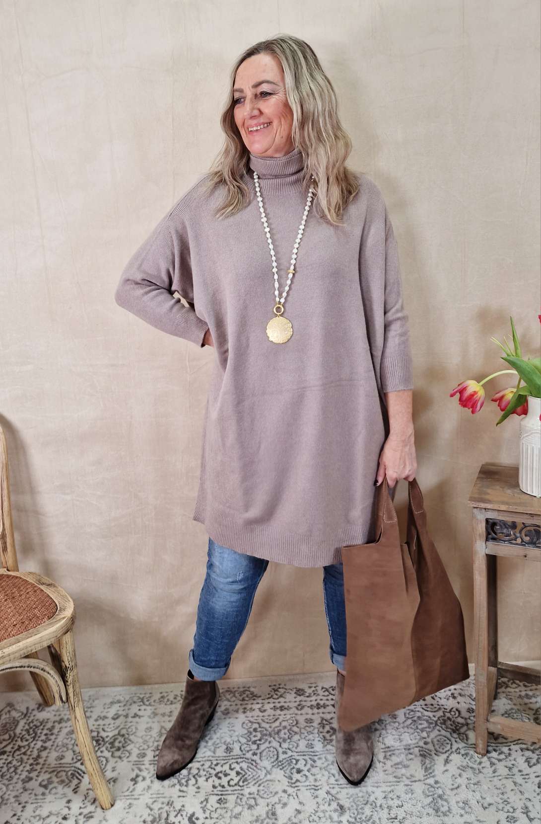 LIGHT KNIT DRESS EMILIA TAUPE 34-42 Made in Italy Strick Kleid Long Pullover LIGHT KNIT DRESS EMILIA TAUPE 34-42 Made in Italy Strick Kleid Long Pullover