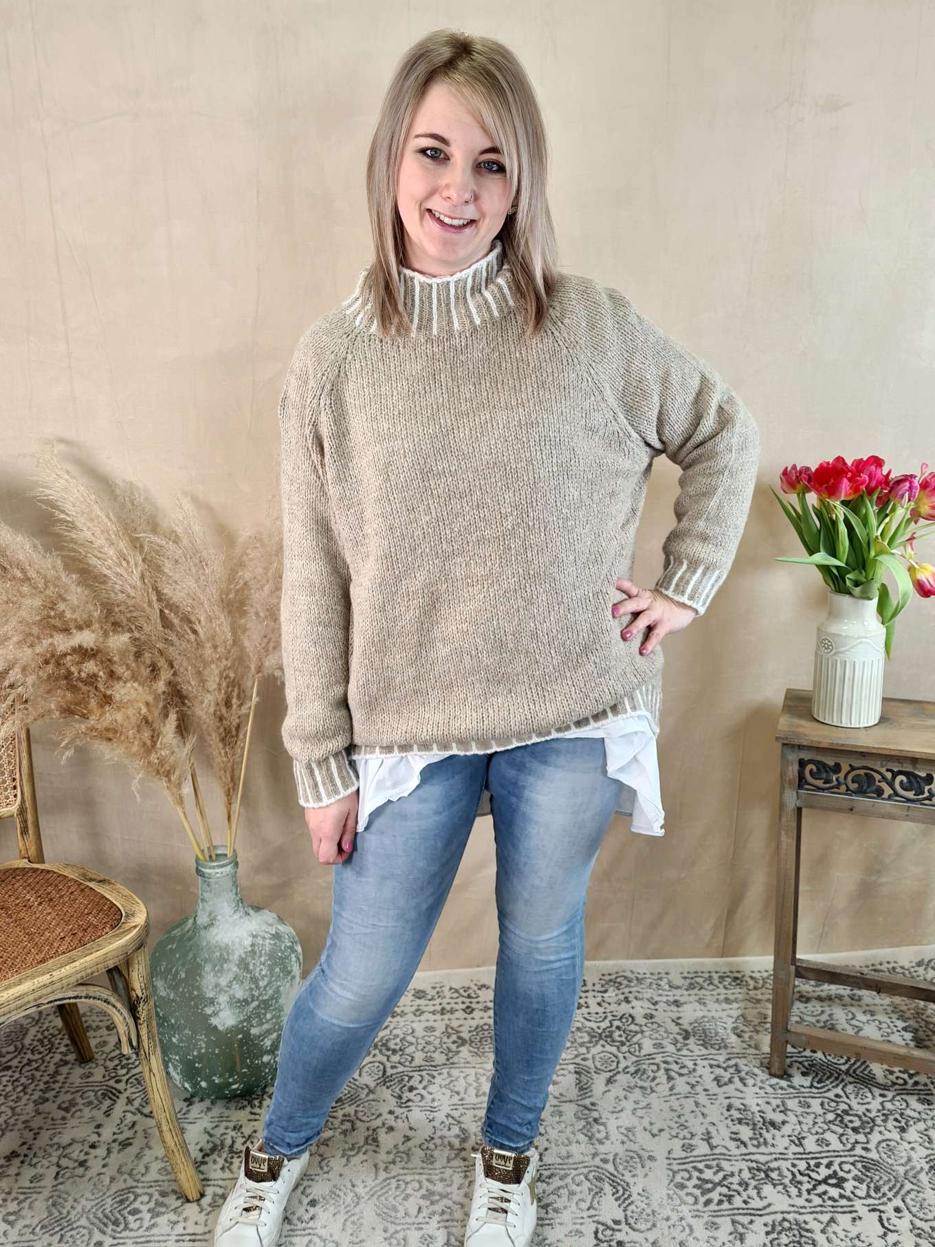 KNIT SWEATER ULRIKE TAUPE Made in Italy 34-42 Strick Pullover KNIT SWEATER ULRIKE TAUPE Made in Italy 34-42 Strick Pullover