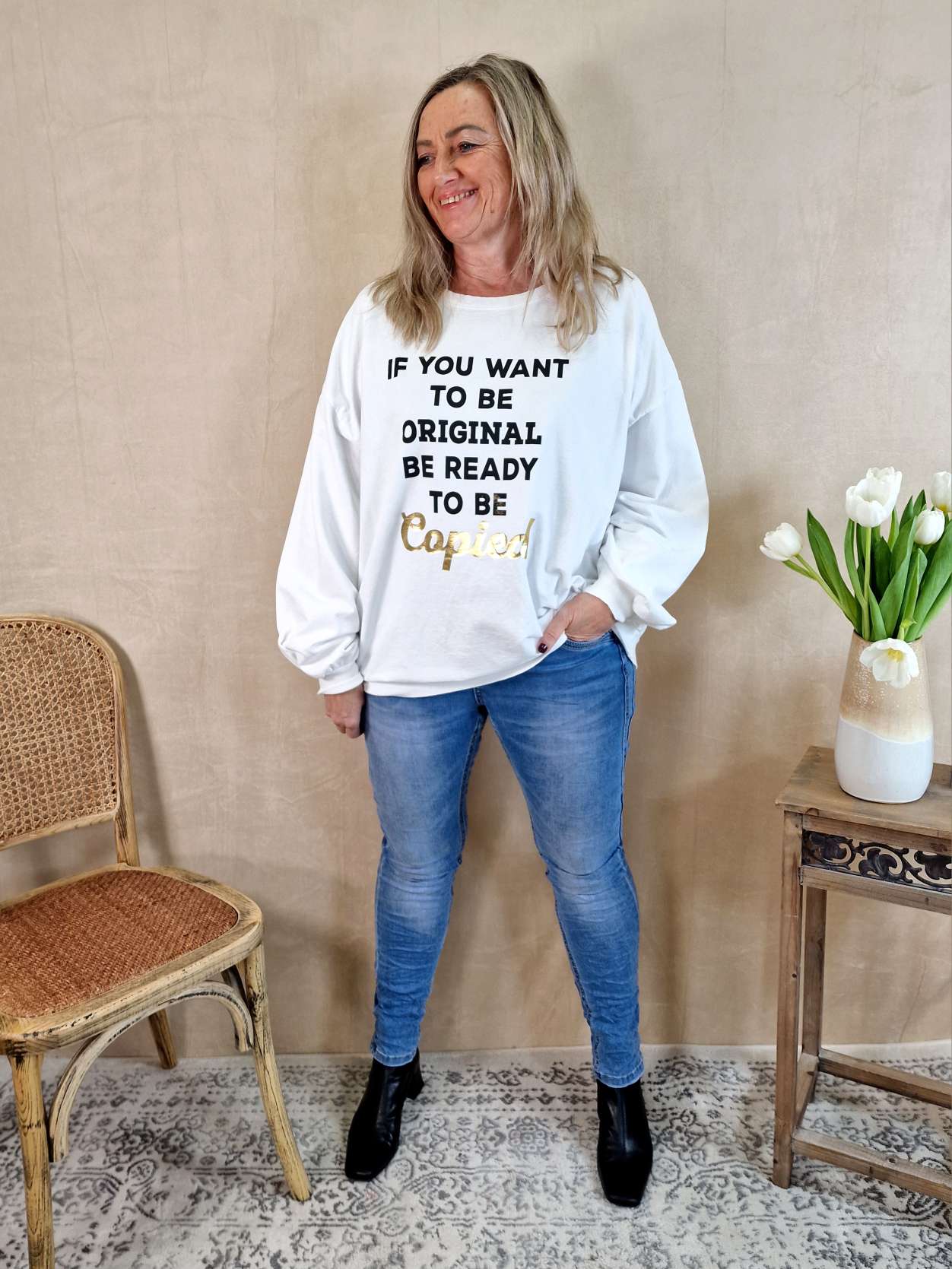 SWEATER COPIED WEISS Longsleeve Langarm Statement Shirt Made in Italy 34-42 verschiedene Farben SWEATER COPIED WEISS Longsleeve Langarm Statement Shirt Made in Italy 34-42 verschiedene Farben