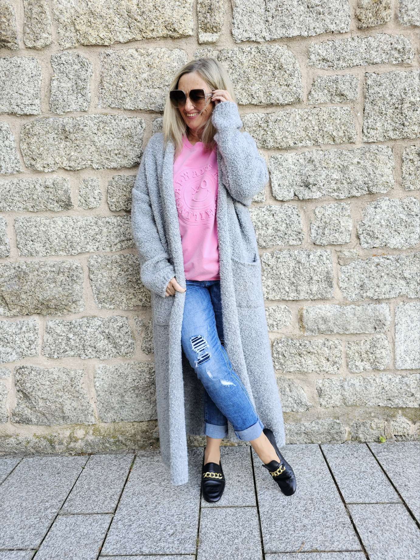 BOUCLE KNIT CARDIGAN SAMMY LONG 34-42 Made Italy Strickjacke Strickmantel Mantel