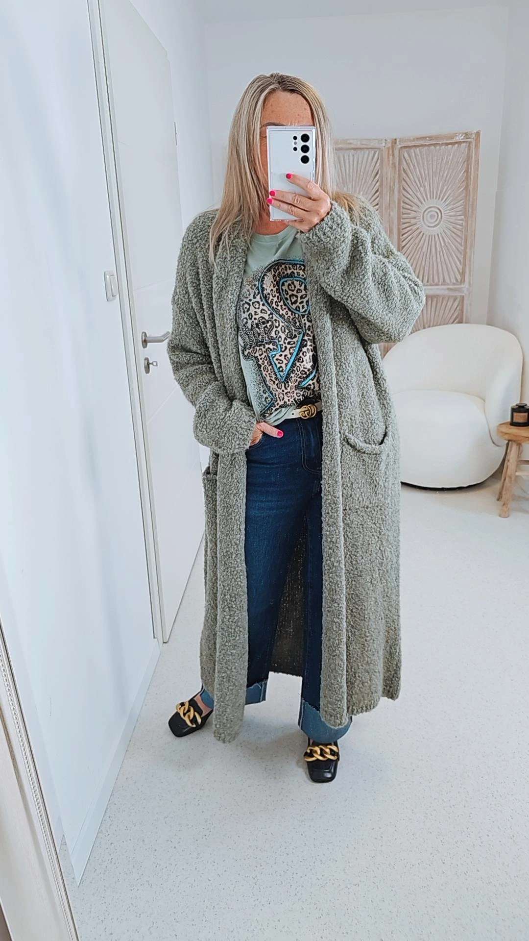 BOUCLE KNIT CARDIGAN SAMMY LONG 34-42 Made Italy Strickjacke Strickmantel Mantel