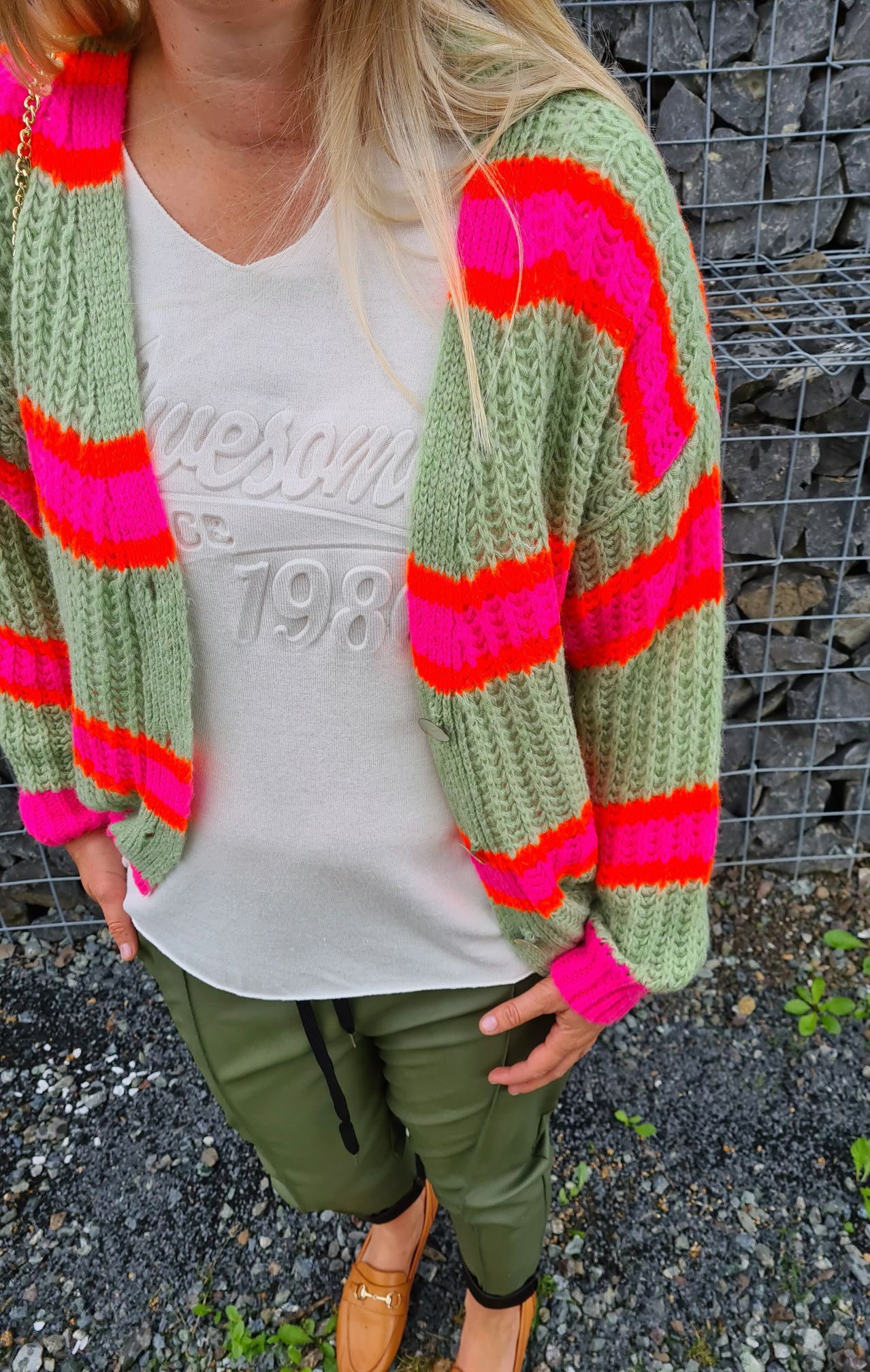 SHORT KNIT CARDIGAN MYKONOS STRIPES BUTTONS LIGHT GRÜN ORANGE PINK kurze Strick Jacke Made in Italy Streifen Knöpfe 34-42 SHORT KNIT CARDIGAN MYKONOS STRIPES BUTTONS LIGHT GRÜN ORANGE PINK kurze Strick Jacke Made in Italy Streifen Knöpfe 34-42