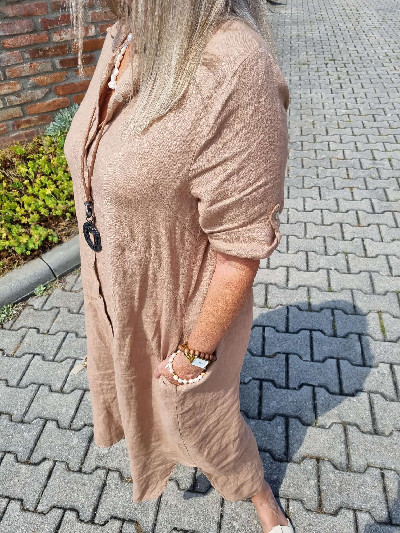 LINEN DESS WILMA CAMEL 34-42 Made in Italy Leinen Kleid Long Bluse Mantel LINEN DESS WILMA CAMEL 34-42 Made in Italy Leinen Kleid Long Bluse Mantel