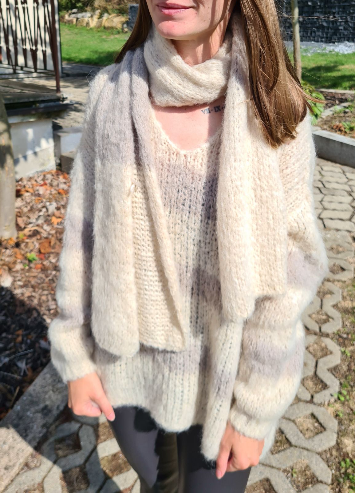 OVERSIZE KNIT SWEATER MARIA STRIPES CREME TAUPE + SCHAL Strickpullover Pullover 34-42 Made in Italy OVERSIZE KNIT SWEATER MARIA STRIPES CREME TAUPE + SCHAL Strickpullover Pullover 34-42 Made in Italy