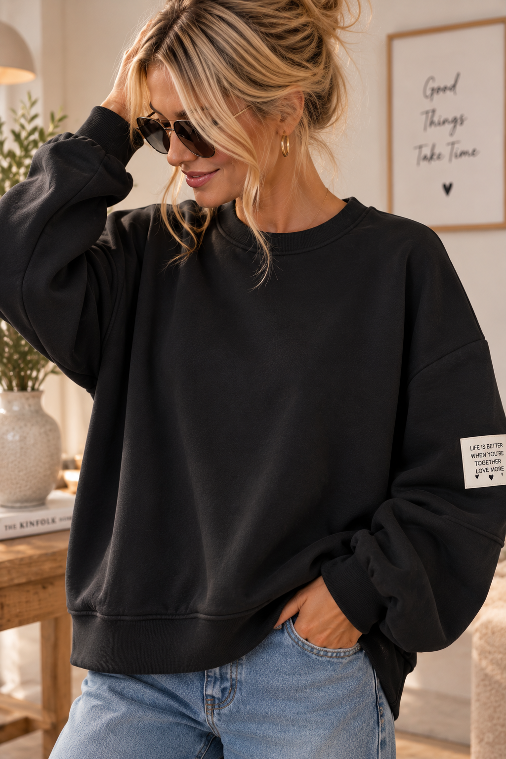 Butterstoff-Sweatshirt uni mit Statement-Patch – SW0094 Made in Italy Gr 34-42