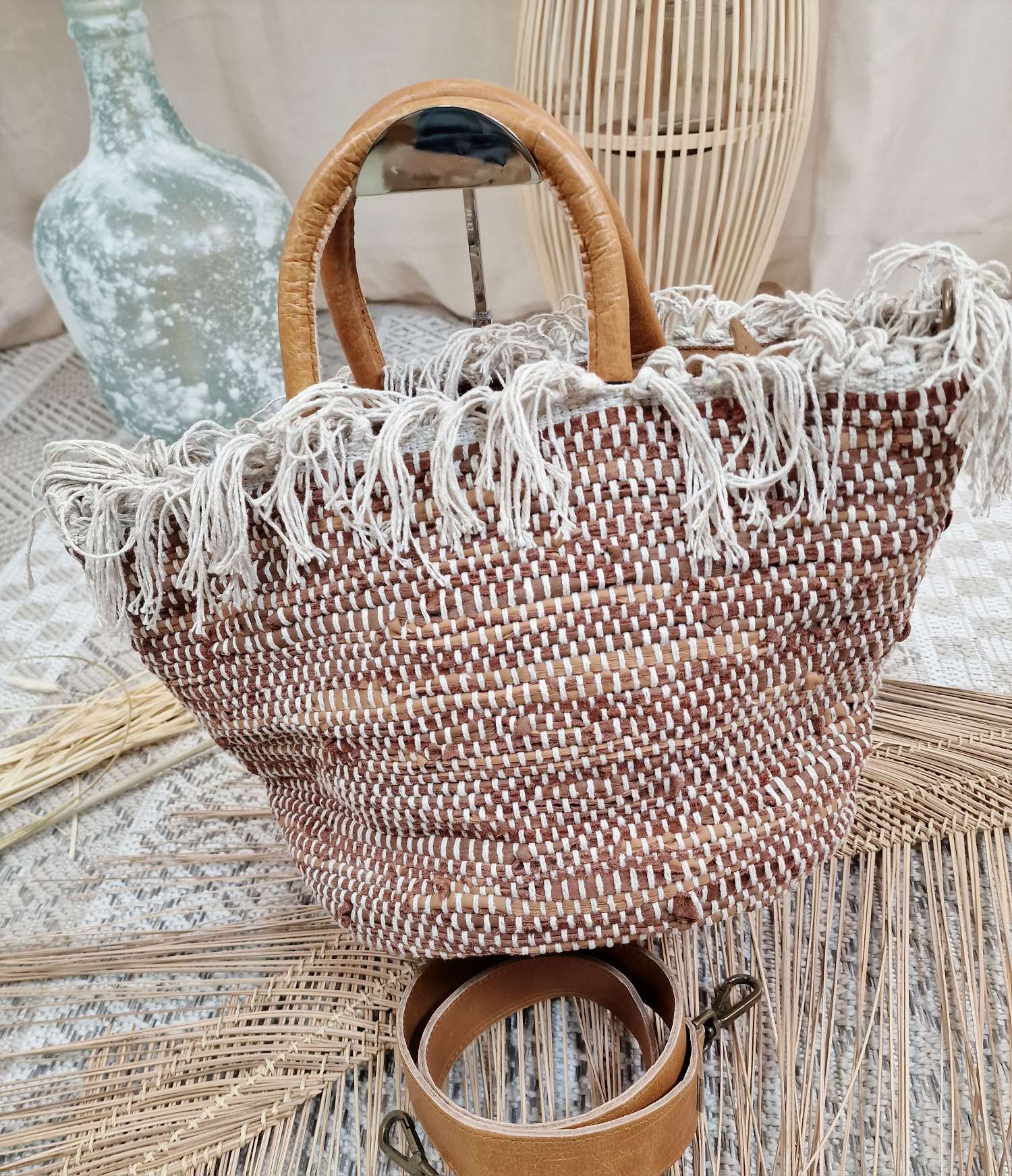 BOHO LEATHER BAG TILDA CAMEL Italy Design Bohemian Tasche Beach Bag