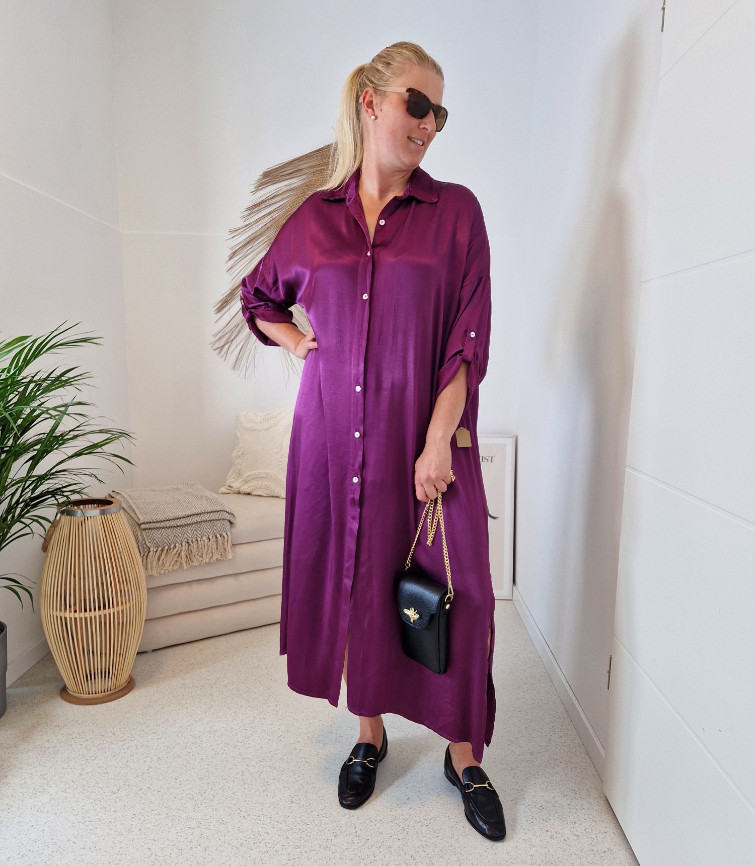 BLUSENKLEID NORA LILA 34-42/44 Made in Italy Oversize Maxi Kleid Mantel DRESS Satin Optik BLUSENKLEID NORA LILA 34-42/44 Made in Italy Oversize Maxi Kleid Mantel DRESS Satin Optik