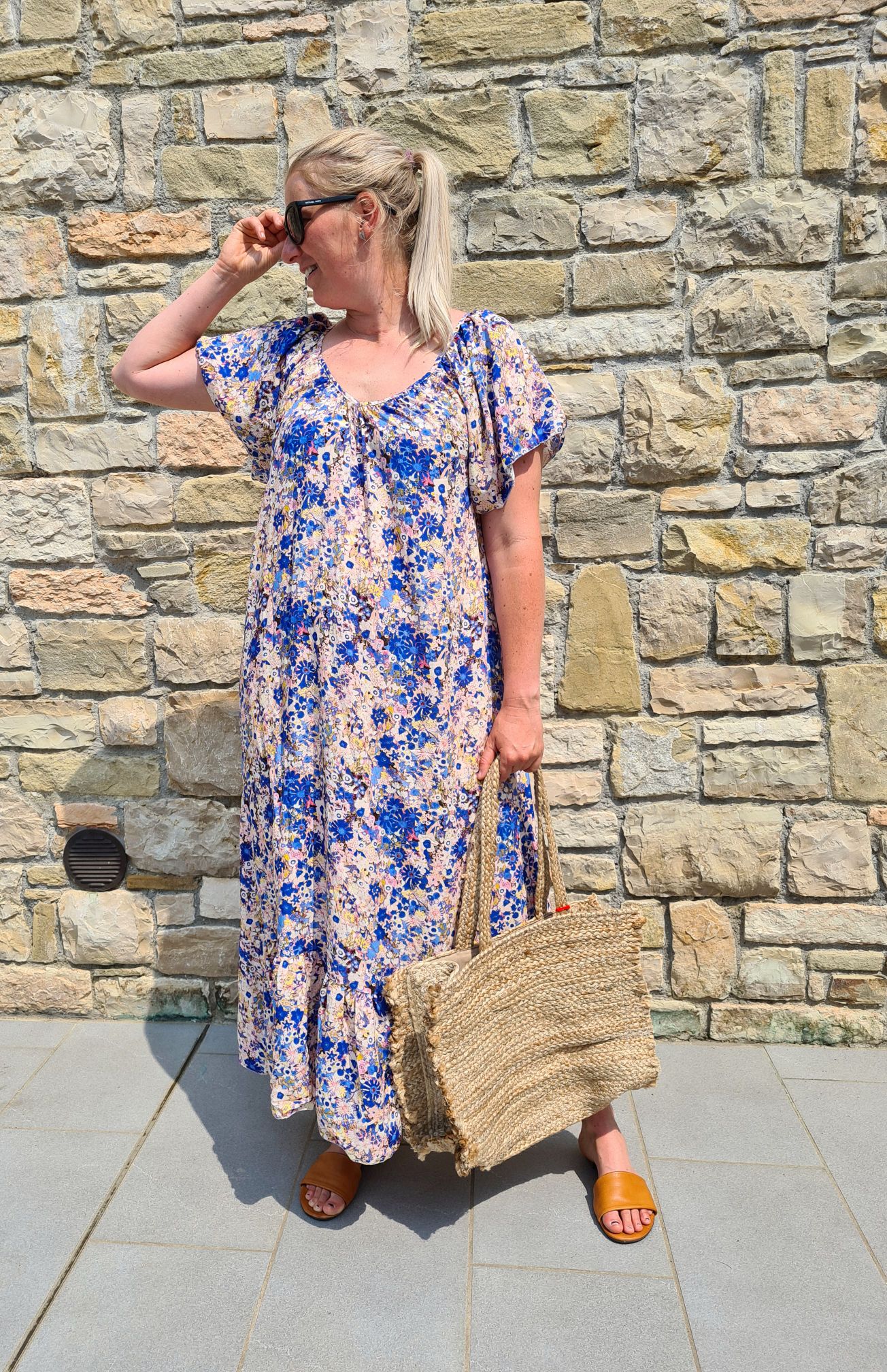 MAXI DRESS AURORA FLOWERS BLAU 34-42 Made in Italy langes Sommer Kleid Blumen MAXI DRESS AURORA FLOWERS BLAU 34-42 Made in Italy langes Sommer Kleid Blumen