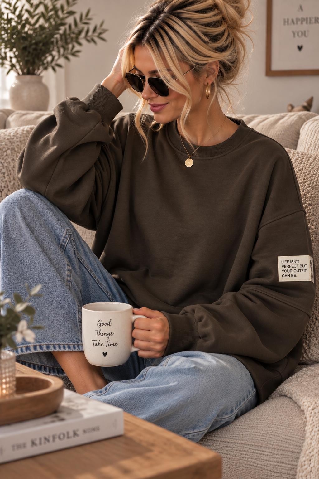 Butterstoff-Sweatshirt uni mit Statement-Patch – SW0094 Made in Italy Gr 34-42