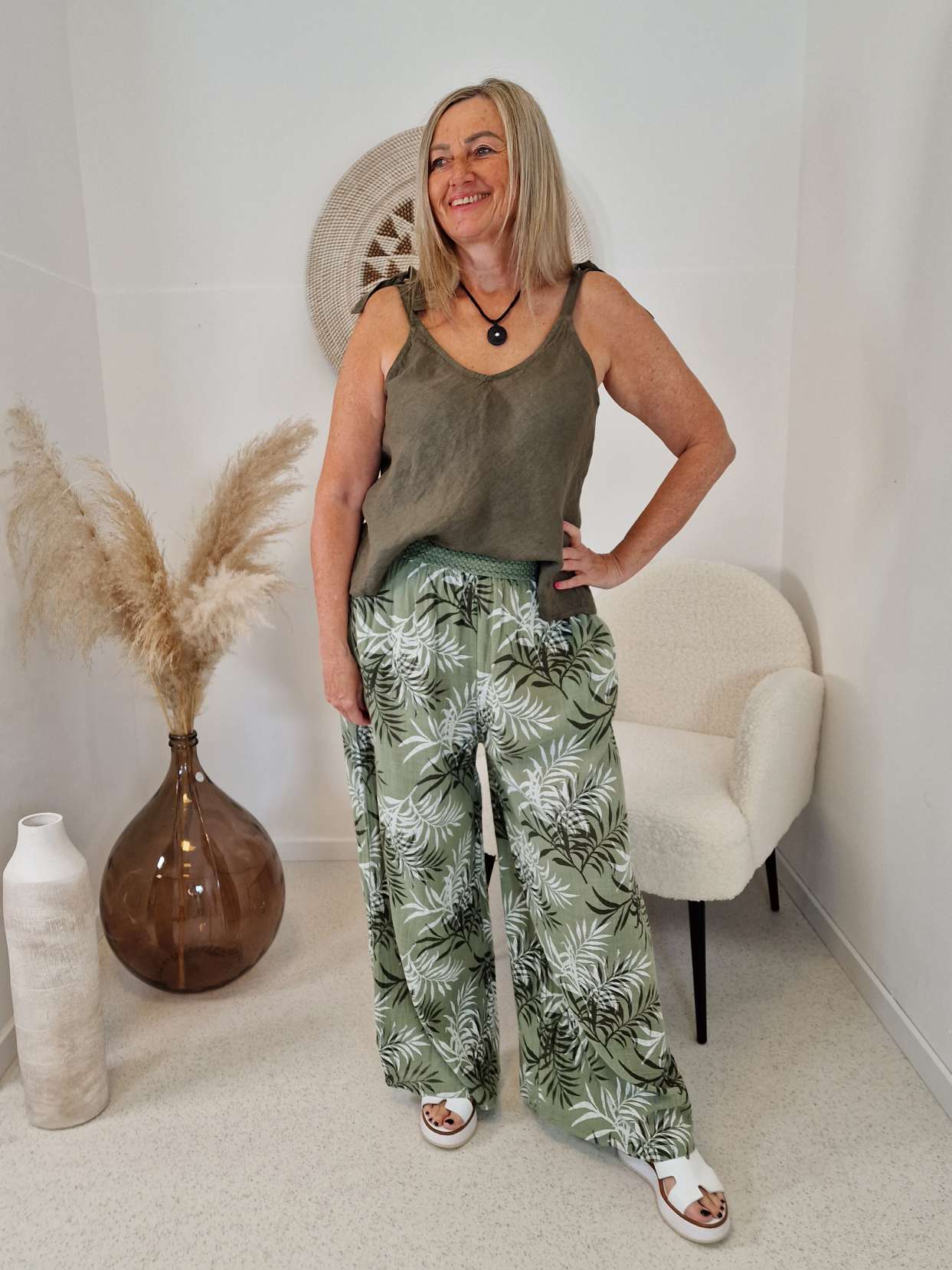 CULOTTE LEINEN HOSE BURRO KHAKI 34-42 Made in Italy weite Hose PANT Sommerhose