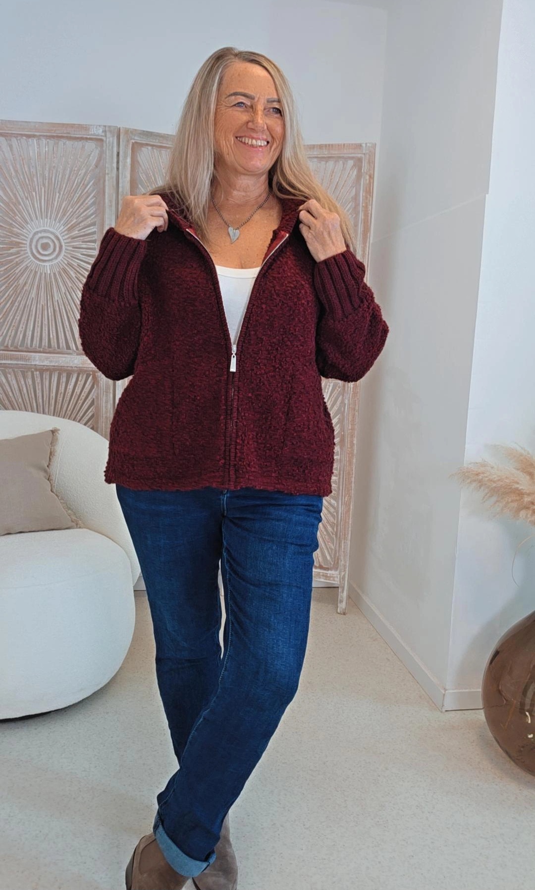 BOUCLÉJACKE NADJA mit Kapuze, Reißverschluss & Alpaka 34-42/44 Made in Italy
