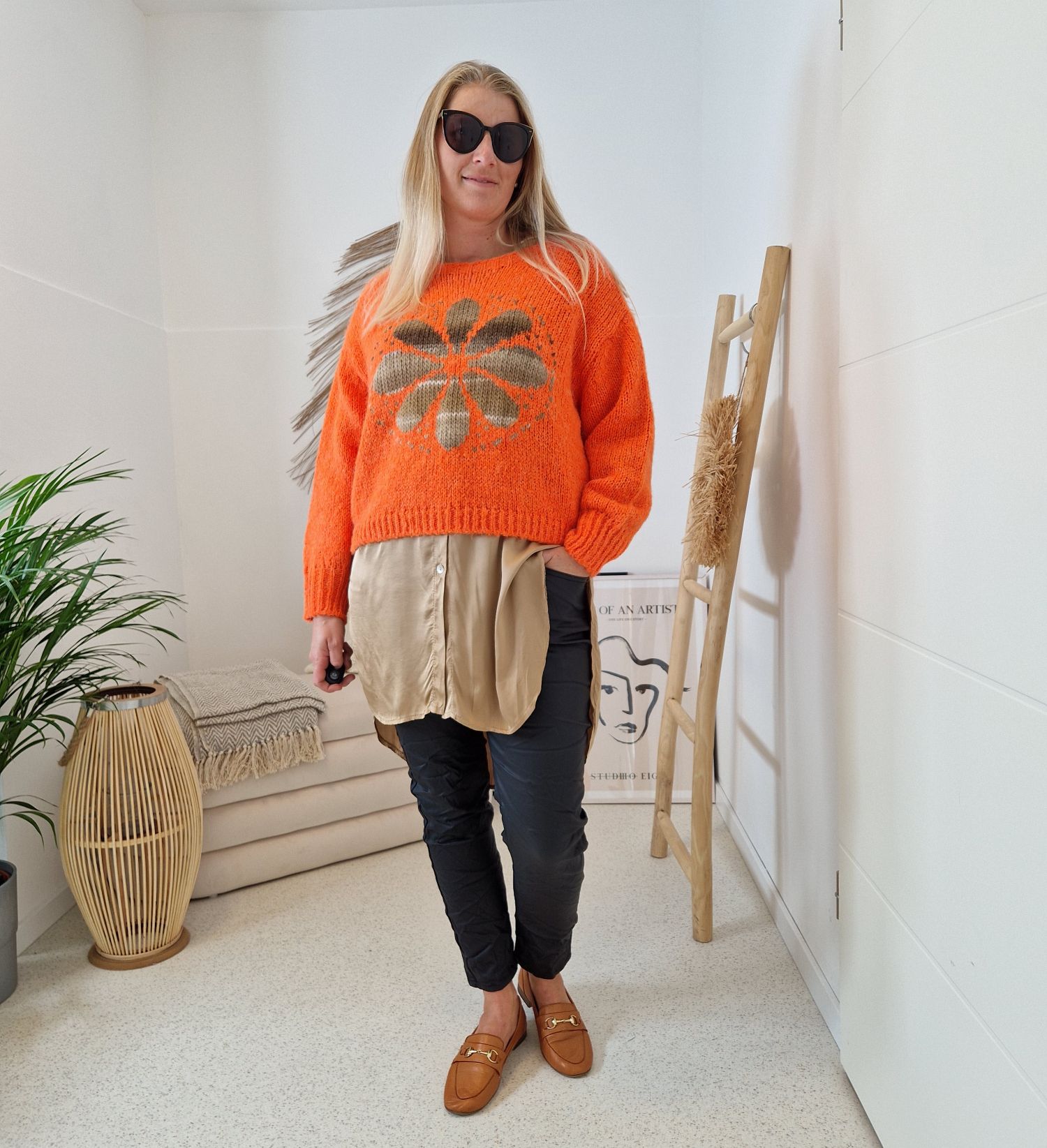 KNIT SWEATER GRETA FLOWER ORANGE Strickpullover Pullover 34-42 Made in Italy versch. Farben KNIT SWEATER GRETA FLOWER ORANGE Strickpullover Pullover 34-42 Made in Italy versch. Farben