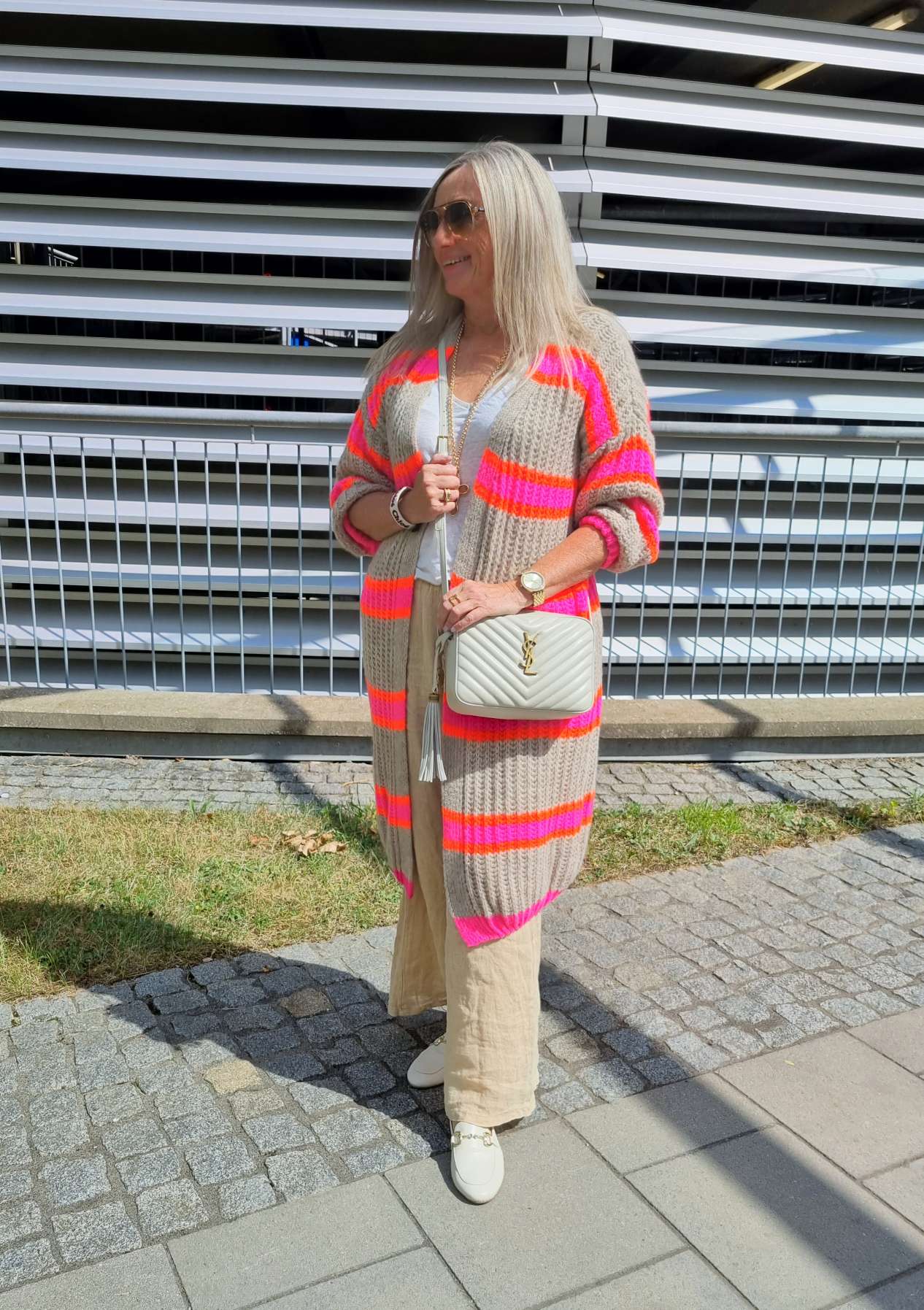 LONG KNIT CARDIGAN MYKONOS STRIPES BEIGE langer Strick Mantel Jacke Made in Italy Streifen 34-42 LONG KNIT CARDIGAN MYKONOS STRIPES BEIGE langer Strick Mantel Jacke Made in Italy Streifen 34-42