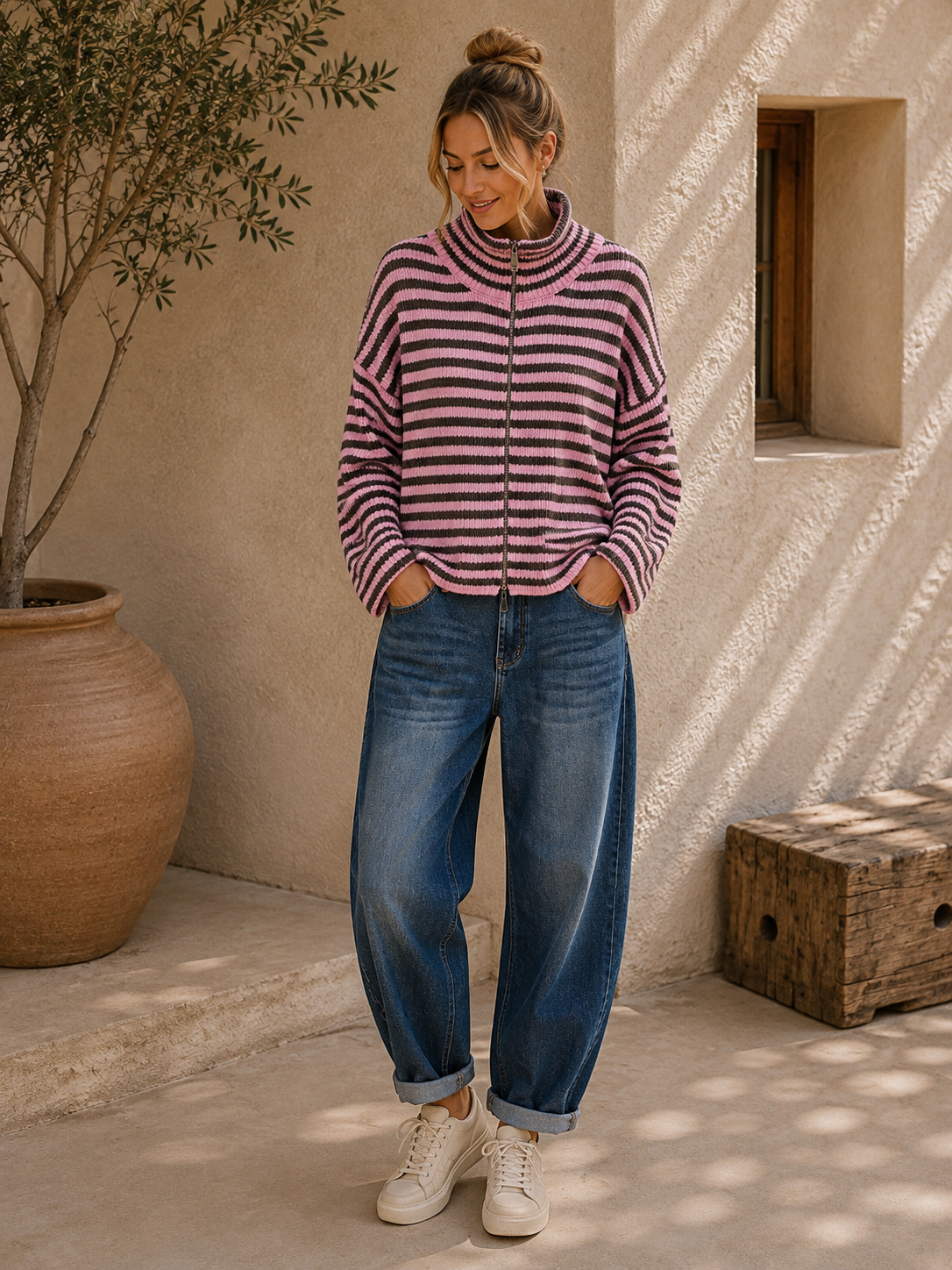 Strickjacke Celia – Streifenlook mit 2-Wege-Reißverschluss Made in Italy 34-40/42 Cardigan