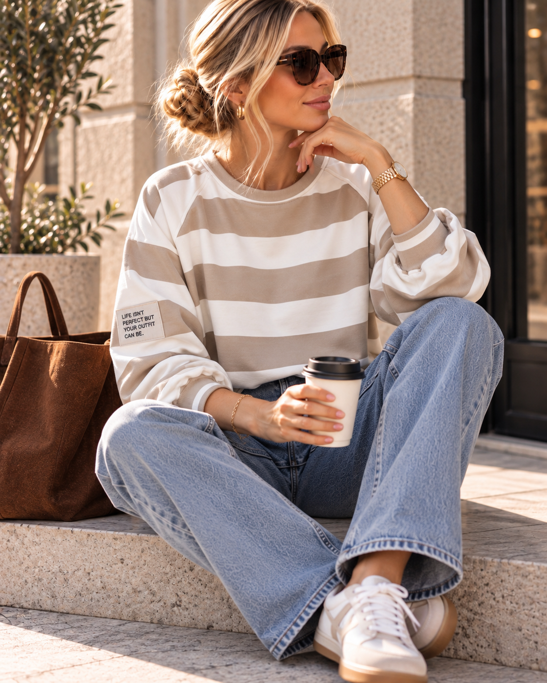 Sweater Butterstoff mit Blockstreifen & Patch I SW0070 I Made in Italy 34-42/44 Sweatshirt