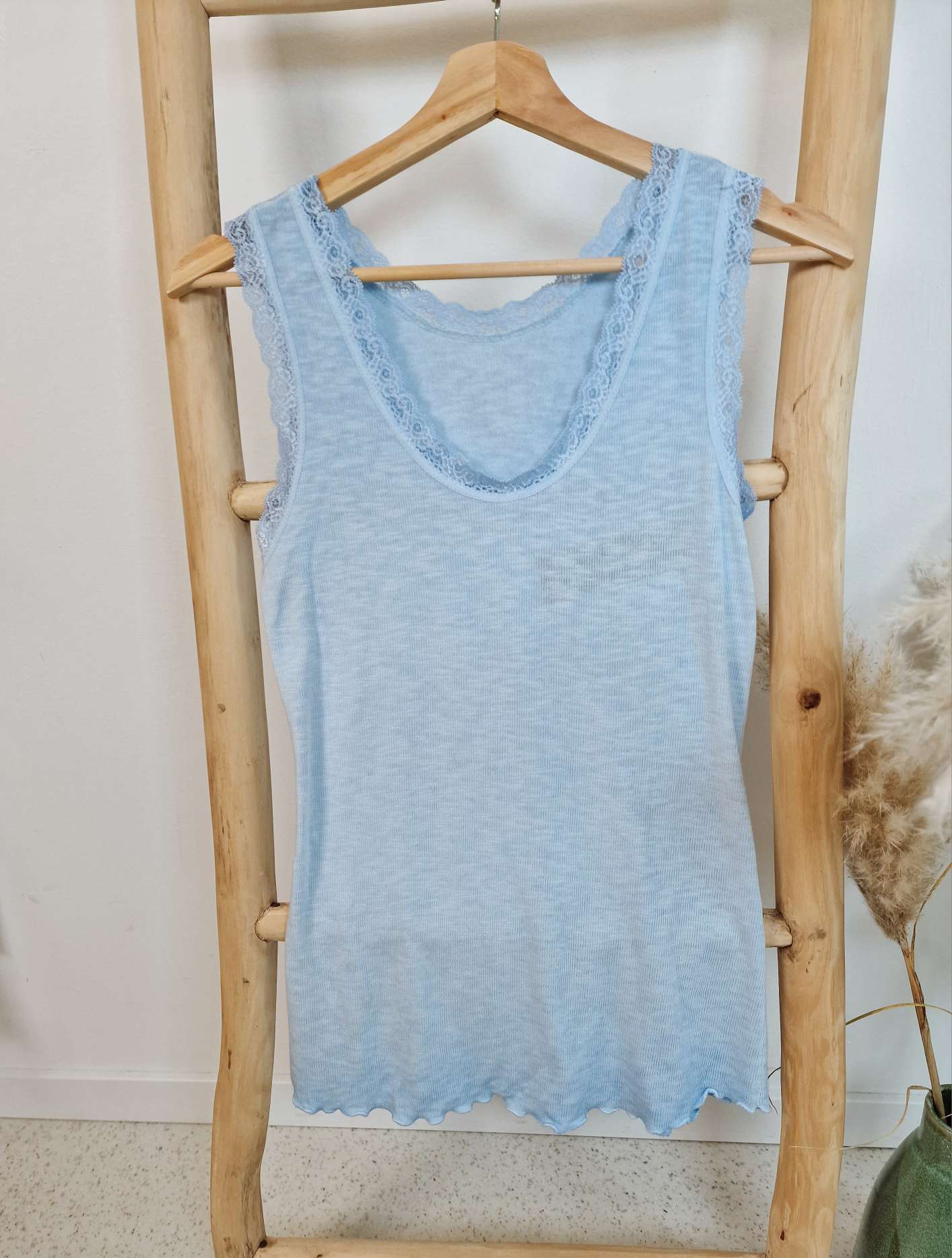 BASIC TOP HELGA BLAU 34-42 Made in Italy Shirt Oberteil Spitze  