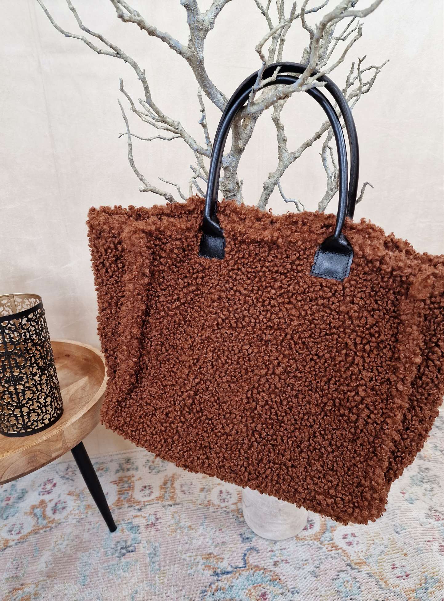 TEDDY FELL SHOPPER ELENI DUNKELBRAUN flauschige Shopping Bag mit Leder-Henkel Tasche Made in Italy TEDDY FELL SHOPPER ELENI DUNKELBRAUN flauschige Shopping Bag mit Leder-Henkel Tasche Made in Italy