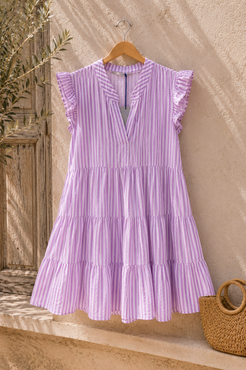 MUSSELIN KLEID TAMI FLIEDER CREME STRIPES  kurz Rüschen 34 - 42 Summer Dress