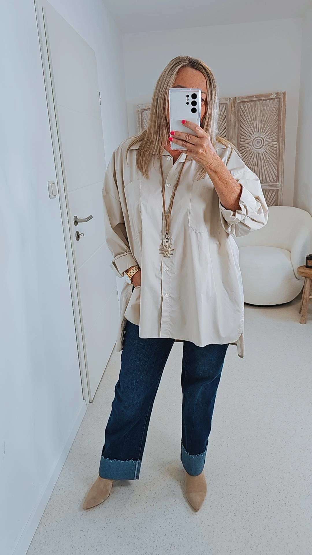 OVERSIZE BLUSE KARINA BEIGE 34-42/44 Made in Italy Longbluse Kleid Damen Basic OVERSIZE BLUSE KARINA BEIGE 34-42/44 Made in Italy Longbluse Kleid Damen Basic