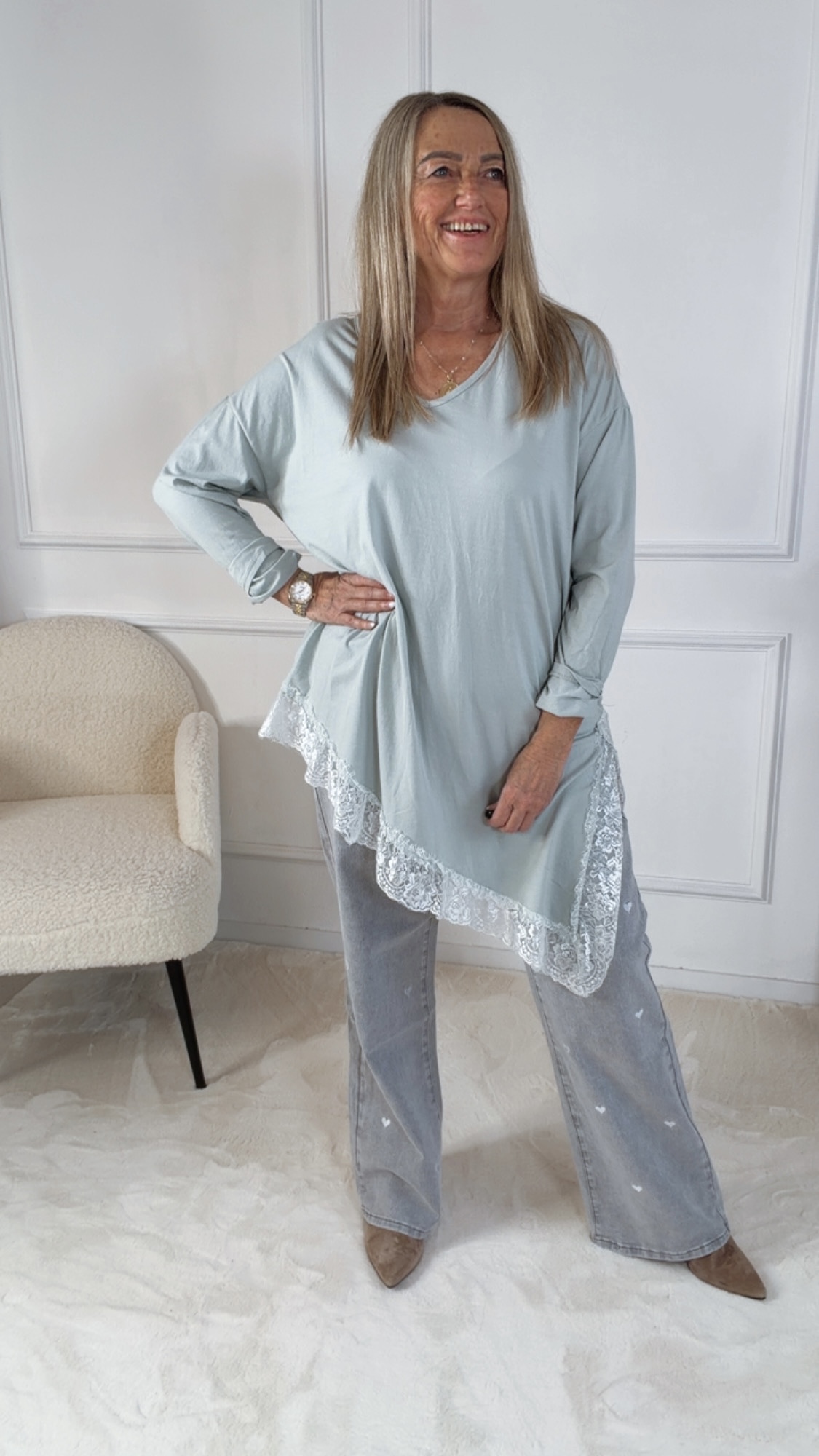 SPITZENSHIRT VITTORIA LANGARM ASYMMETRISCH Made in Italy 36 - 42