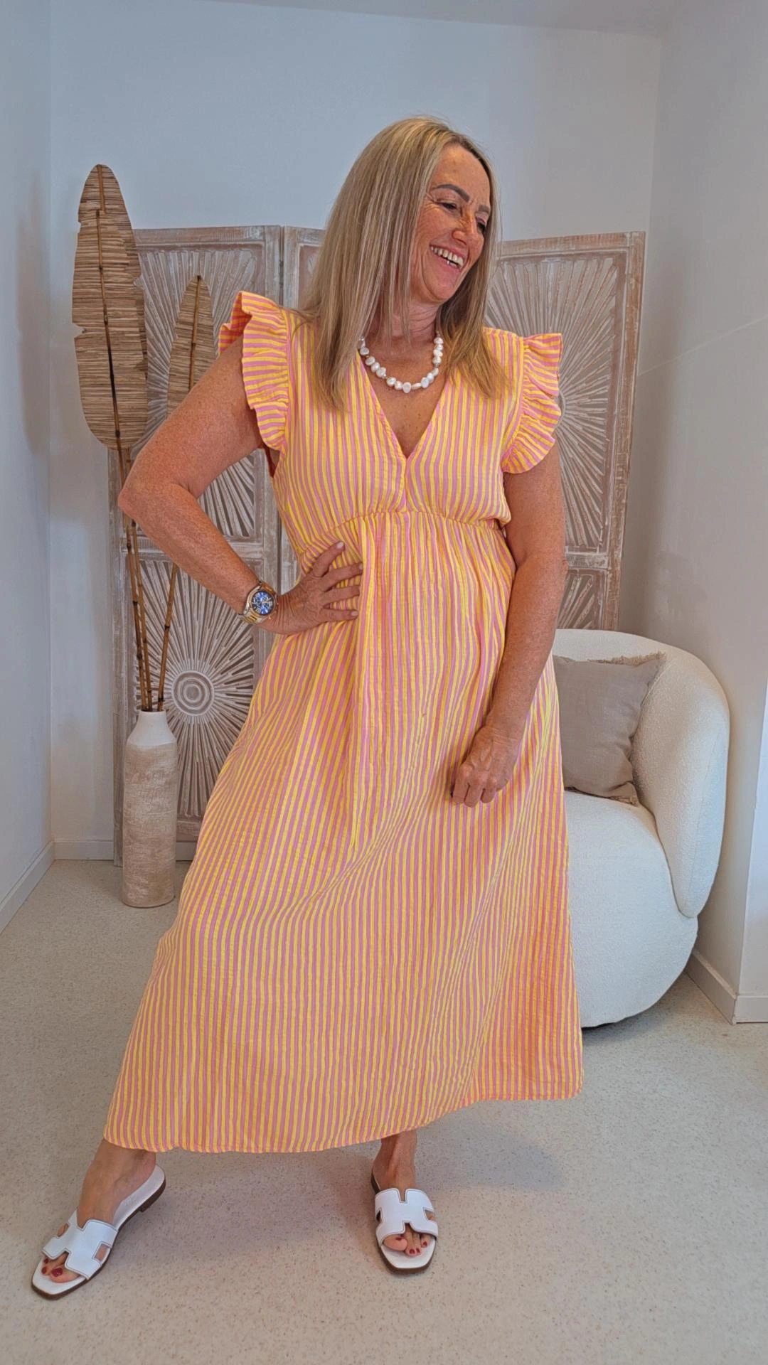 MUSSELIN KLEID ZOE STRIPES 34 - 42 Made in Italy ärmellos Rüsche 