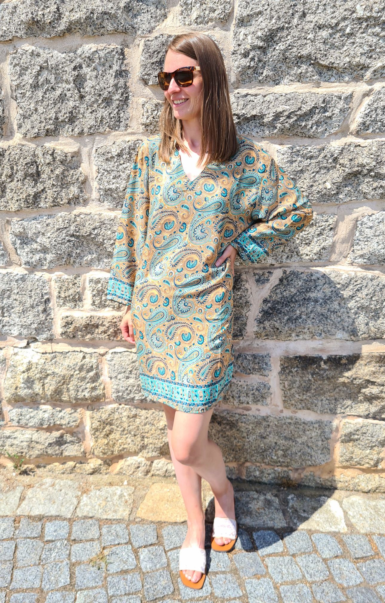 SHORT SILK DRESS GREECE BEIGE TÜRKIS 34-38/40 Italy Style Seide Kleid #DE-901 SHORT SILK DRESS GREECE BEIGE TÜRKIS 34-38/40 Italy Style Seide Kleid #DE-901