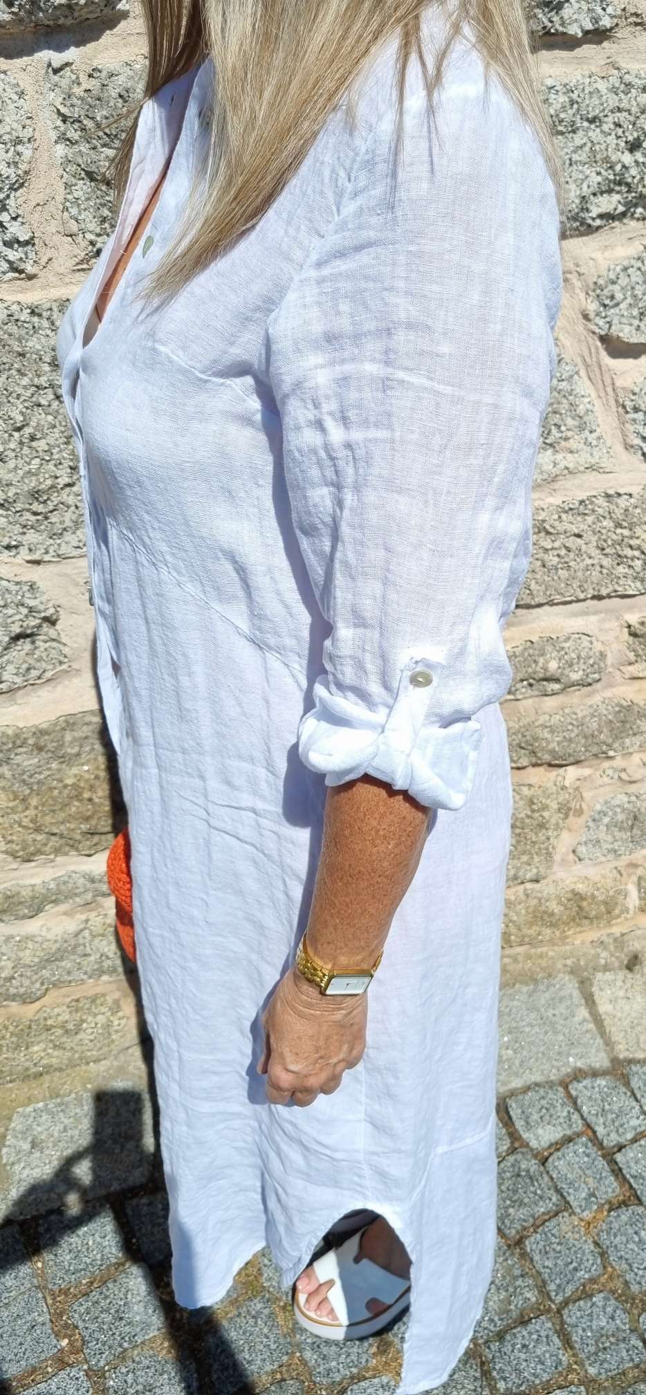 LINEN DESS WANDA 2 WEISS 34-40 Made in Italy Leinen Kleid Long Bluse Mantel LINEN DESS WANDA 2 WEISS 34-40 Made in Italy Leinen Kleid Long Bluse Mantel