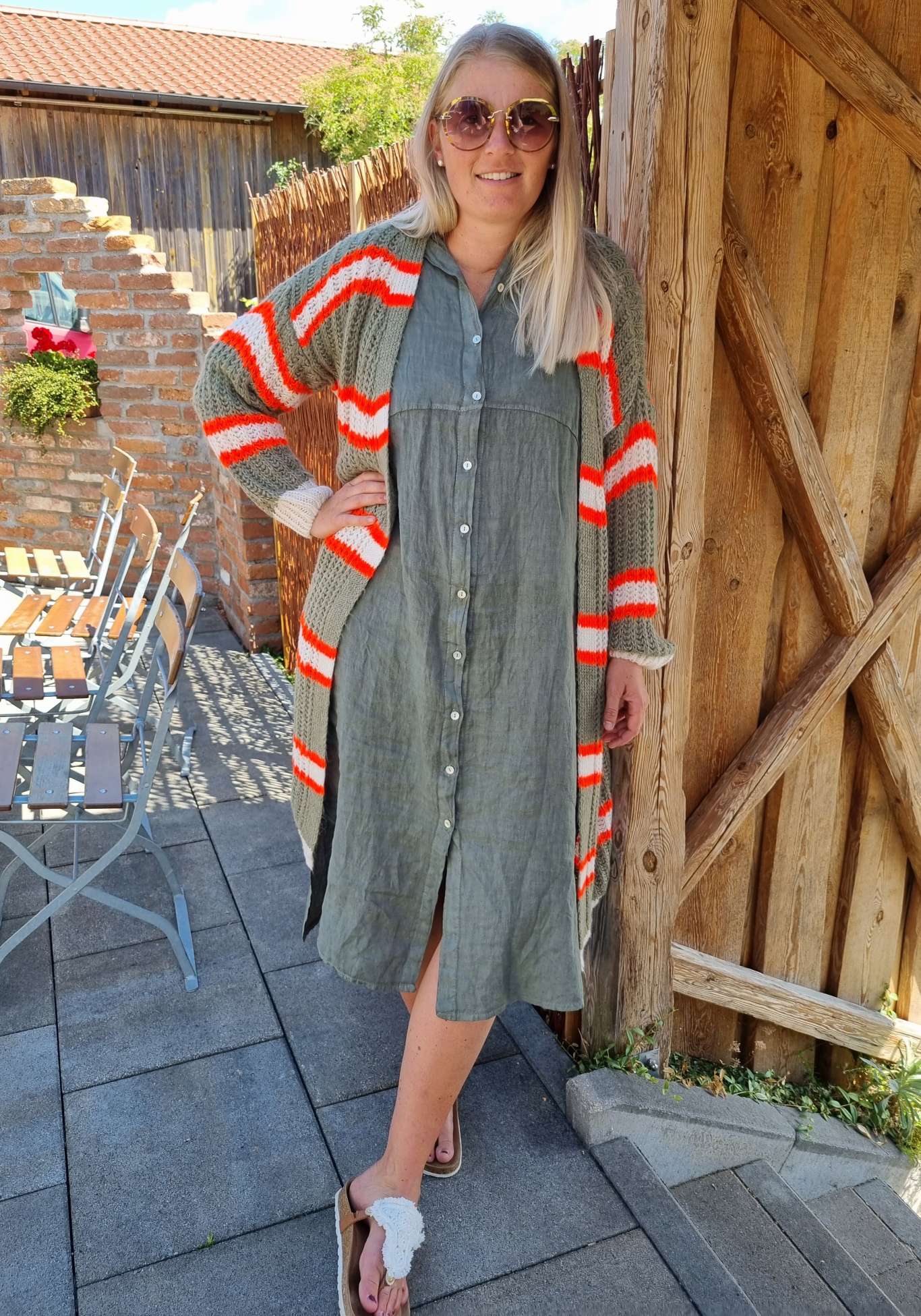 LONG KNIT CARDIGAN MYKONOS STRIPES KHAKI ORANGE CREME langer Strick Mantel Jacke Made in Italy Streifen 34-42 LONG KNIT CARDIGAN MYKONOS STRIPES KHAKI ORANGE CREME langer Strick Mantel Jacke Made in Italy Streifen 34-42