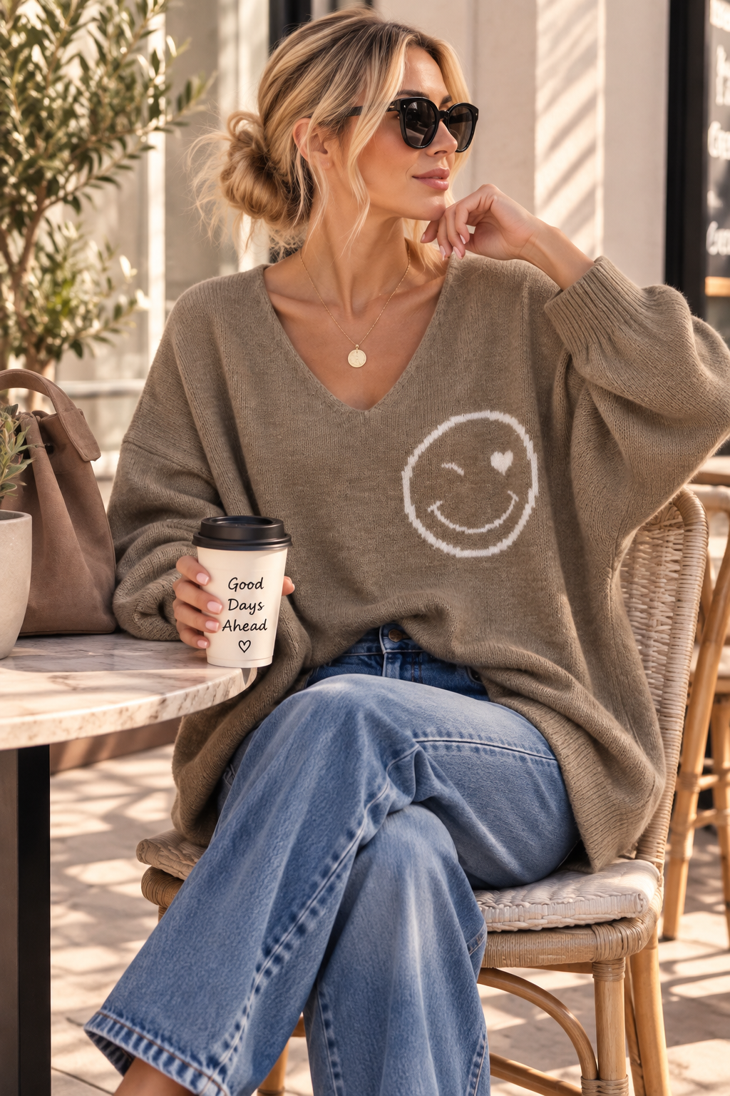 Strickpullover mit Smile & Rückenprint Oversize I NO. SP0019 I Made in Italy 34-44/46