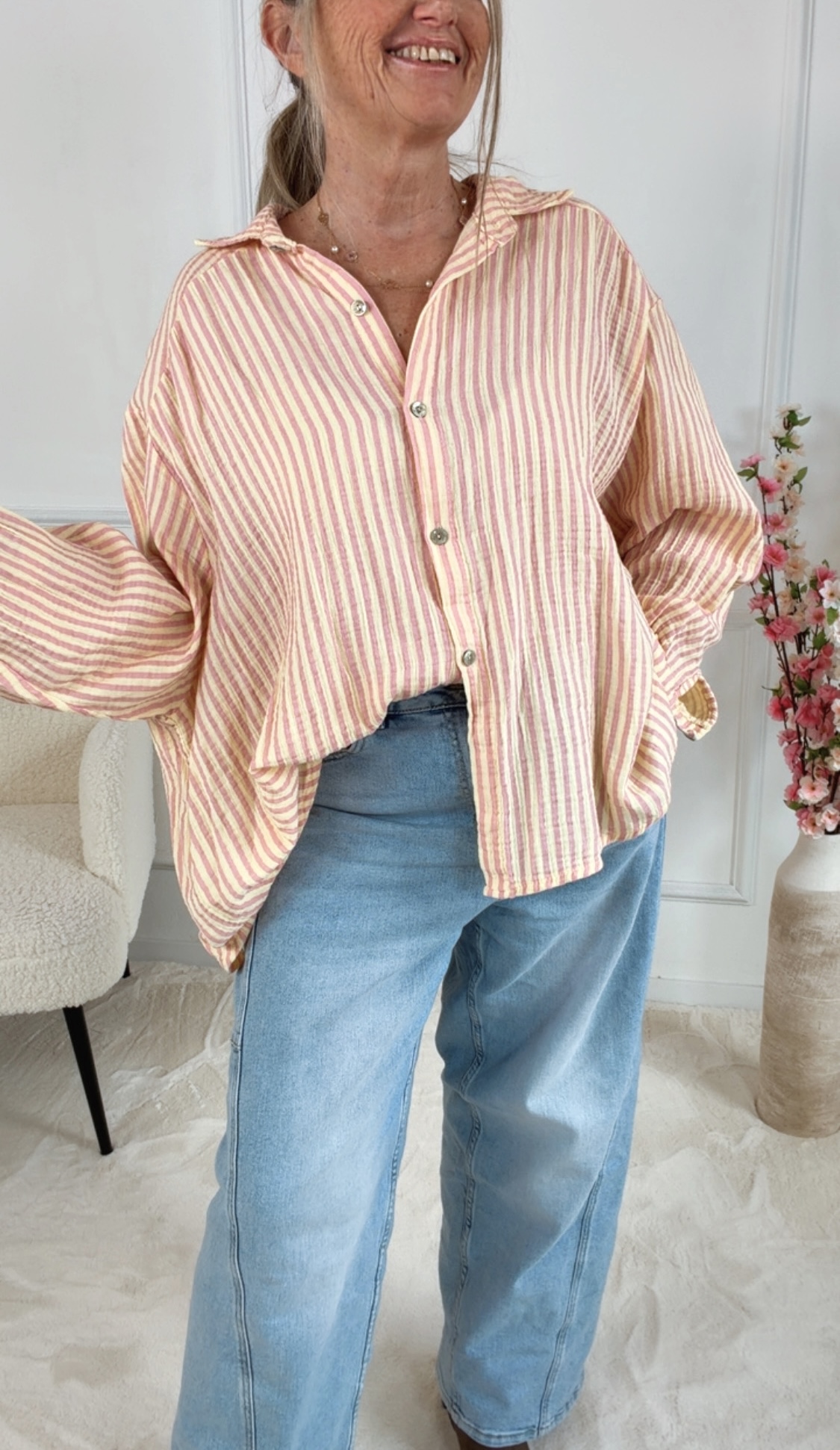 MUSSELIN BLUSE MEGAN STRIPES  KURZ Made in Italy 34-44/46