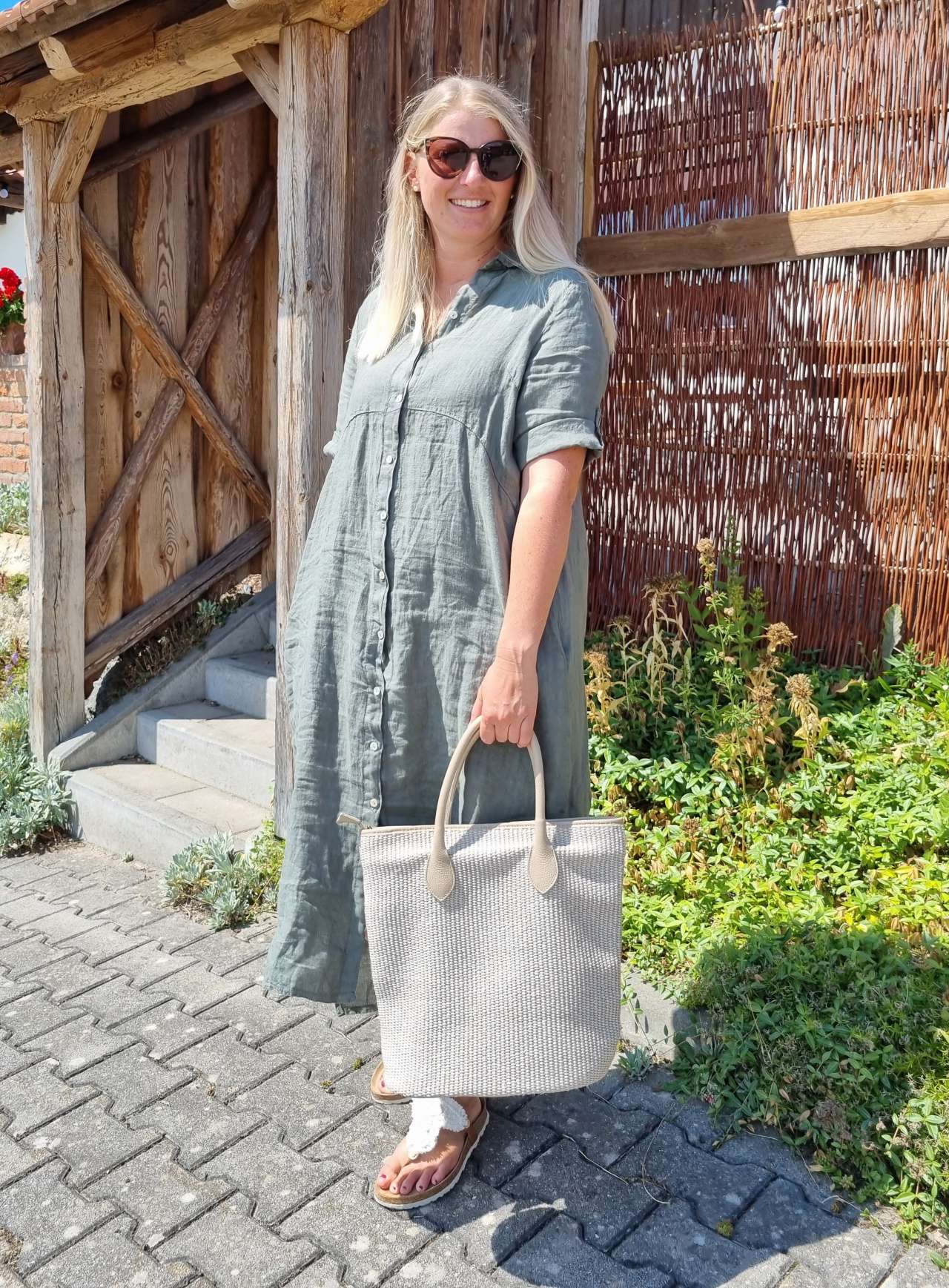 LINEN DESS WILMA KHAKI 34-42 Made in Italy Leinen Kleid Long Bluse Mantel LINEN DESS WILMA KHAKI 34-42 Made in Italy Leinen Kleid Long Bluse Mantel