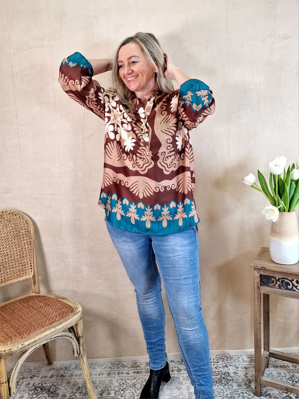 BLUSE MARESA BRAUN PETROL 34-42 Made in Italy Oversize Shirt Hemd Silk Optik BLUSE MARESA BRAUN PETROL 34-42 Made in Italy Oversize Shirt Hemd Silk Optik