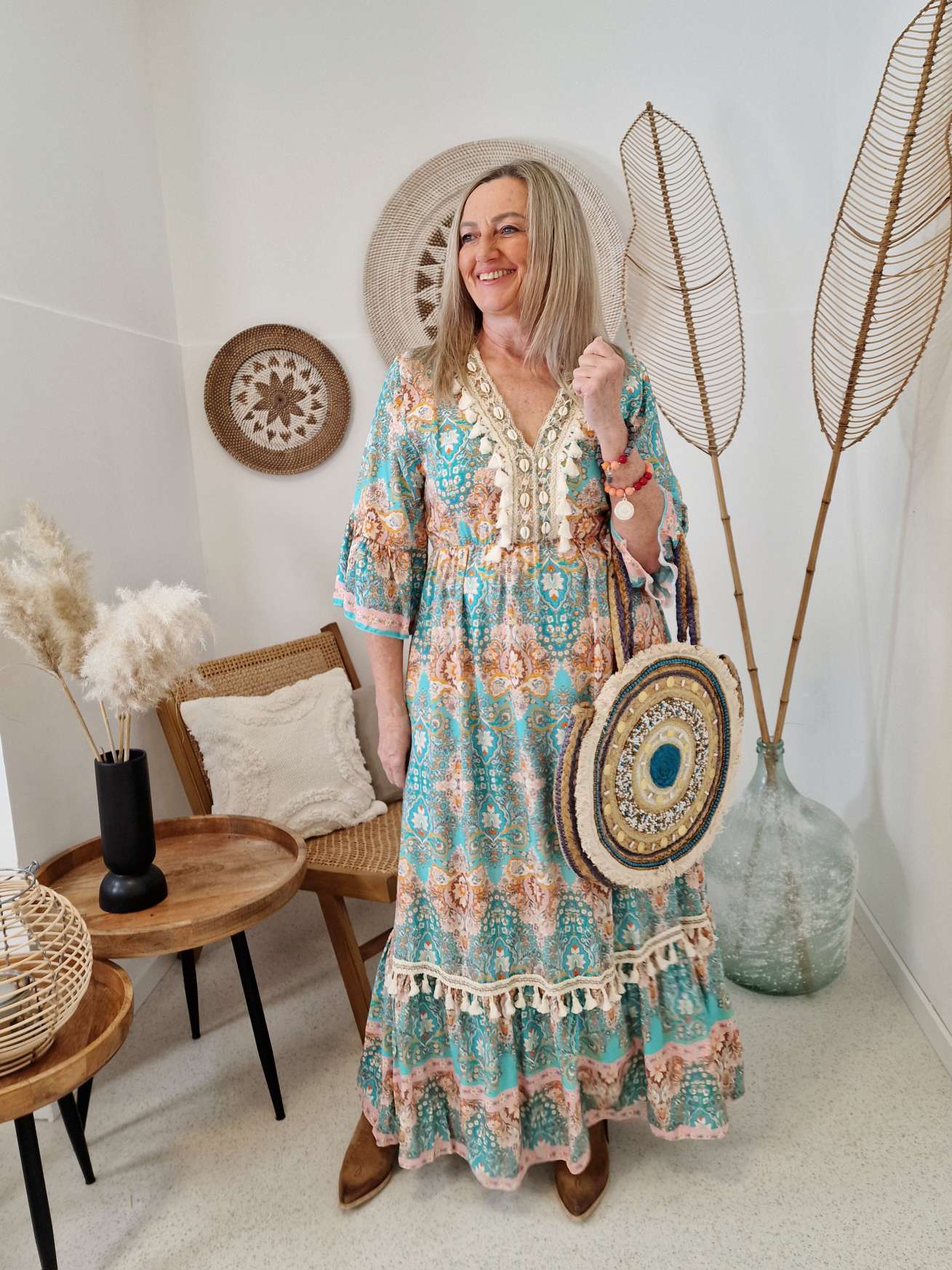 BOHEMIAN DRESS SELMA TÜRKIS 34-42 Made in Italy edles Boho Strand Kleid Sommer