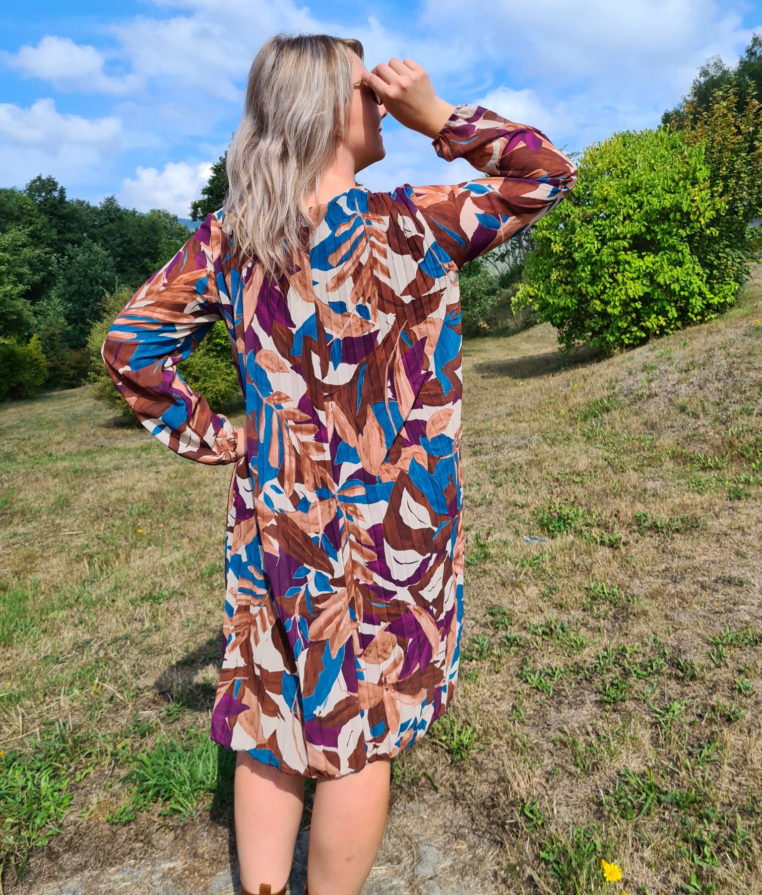PLISSEE DRESS GINA LEAVES PETROL 36-42 Made in Italy Plissee Herbst Kleid PLISSEE DRESS GINA LEAVES PETROL 36-42 Made in Italy Plissee Herbst Kleid