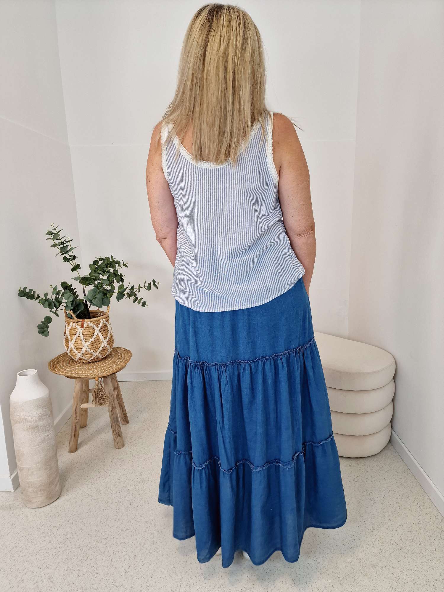 LINEN TOP MICHELLE STRIPES BLAU 34-42 Made in Italy Kurzarm Leinen Basic Shirt LINEN TOP MICHELLE STRIPES BLAU 34-42 Made in Italy Kurzarm Leinen Basic Shirt