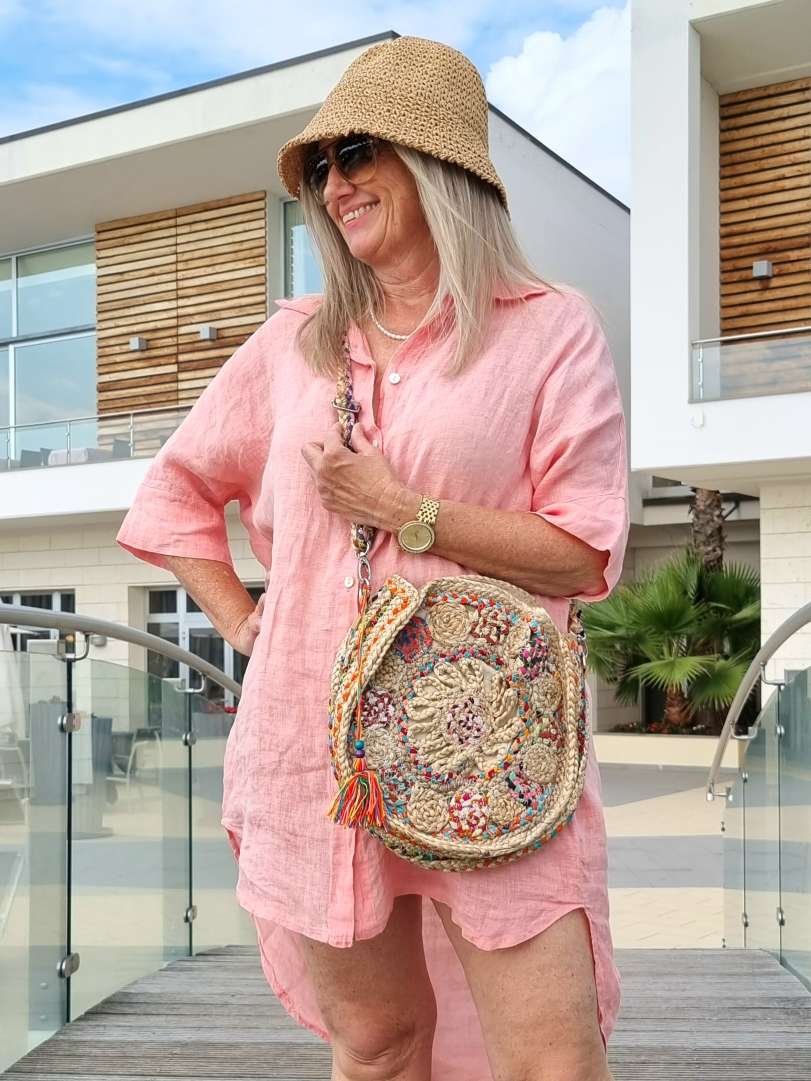 LINEN TUNIKA AREZZO LONG KORALLE Leinen Bluse Kleid Made in Italy 34-42 Longbluse