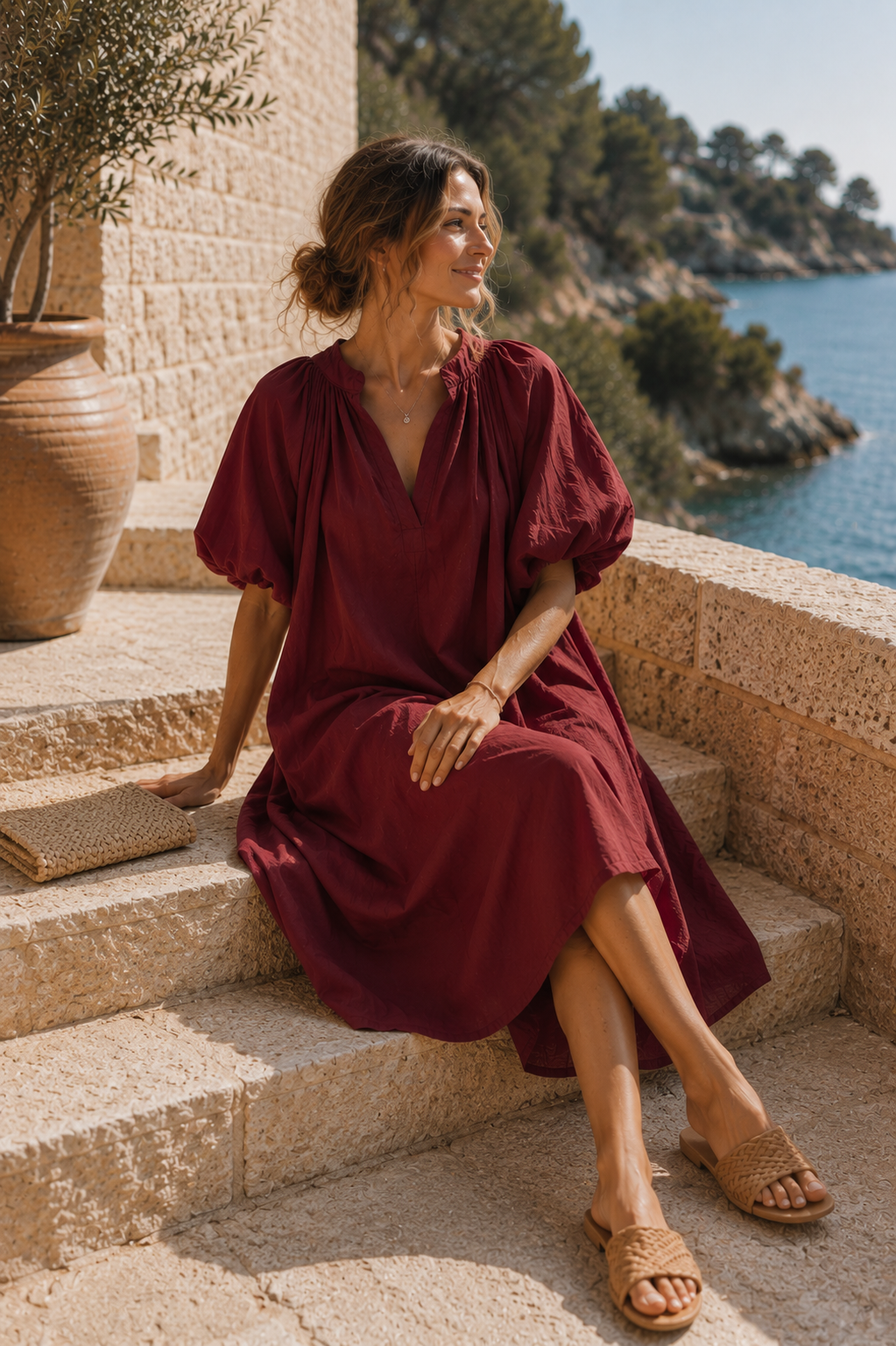 Kleid Kesia lang Tulpenärmel Uni Baumwolle Made in Italy 34-44/46