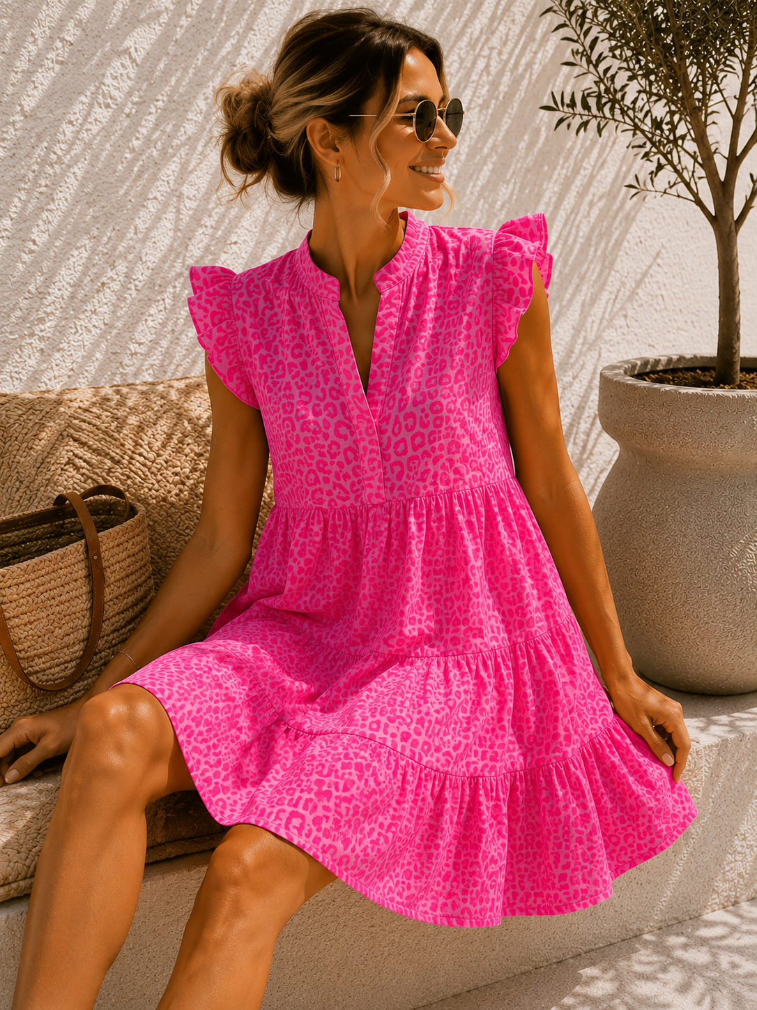 MUSSELIN KLEID TAMI LEO NEON PINK Leo kurz Rüschen 34 - 42 Summer Dress