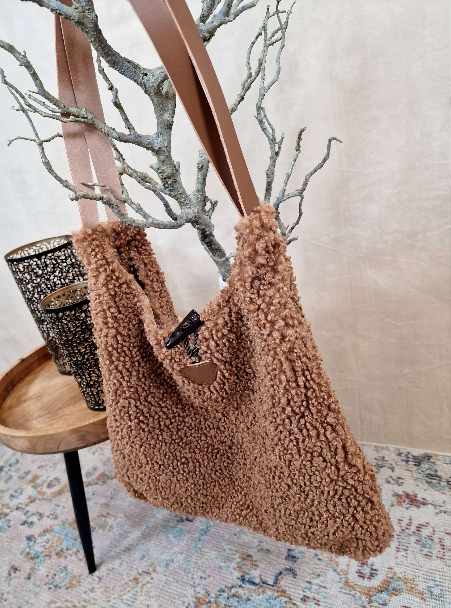 TEDDY FELL SHOPPER LIZZY CAMEL flauschige Shopping Bag mit Leder-Henkel Tasche Made in Italy TEDDY FELL SHOPPER LIZZY CAMEL flauschige Shopping Bag mit Leder-Henkel Tasche Made in Italy