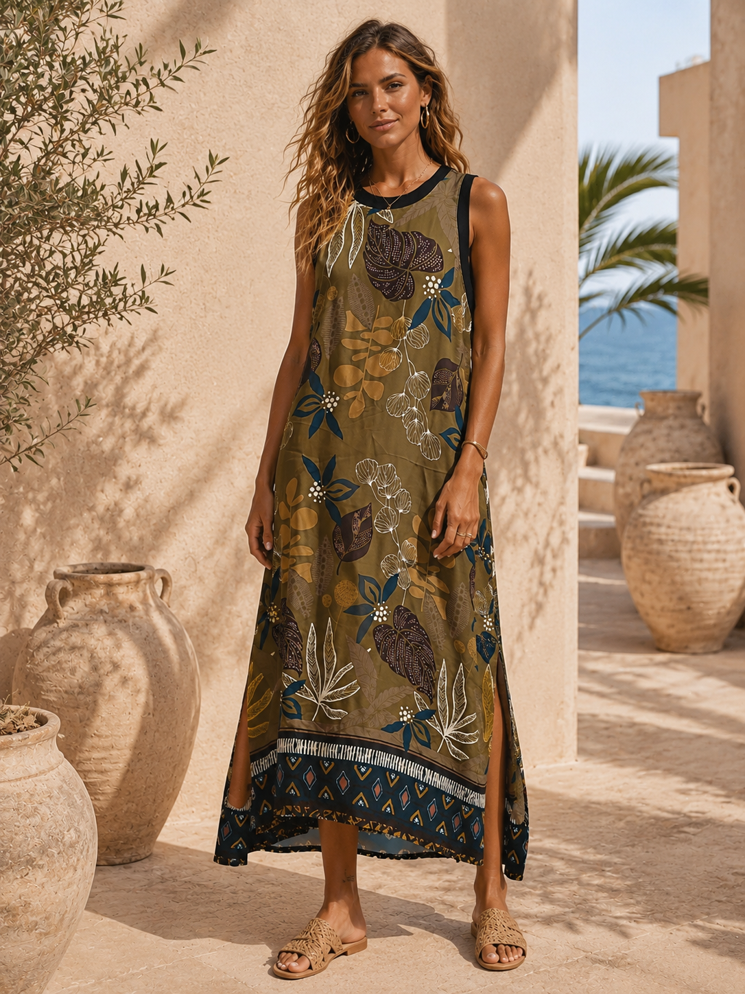 Satin-Kleid Kalila Blätterprint Made in Italy Viskose Qualtiät Gr. 34-40/42