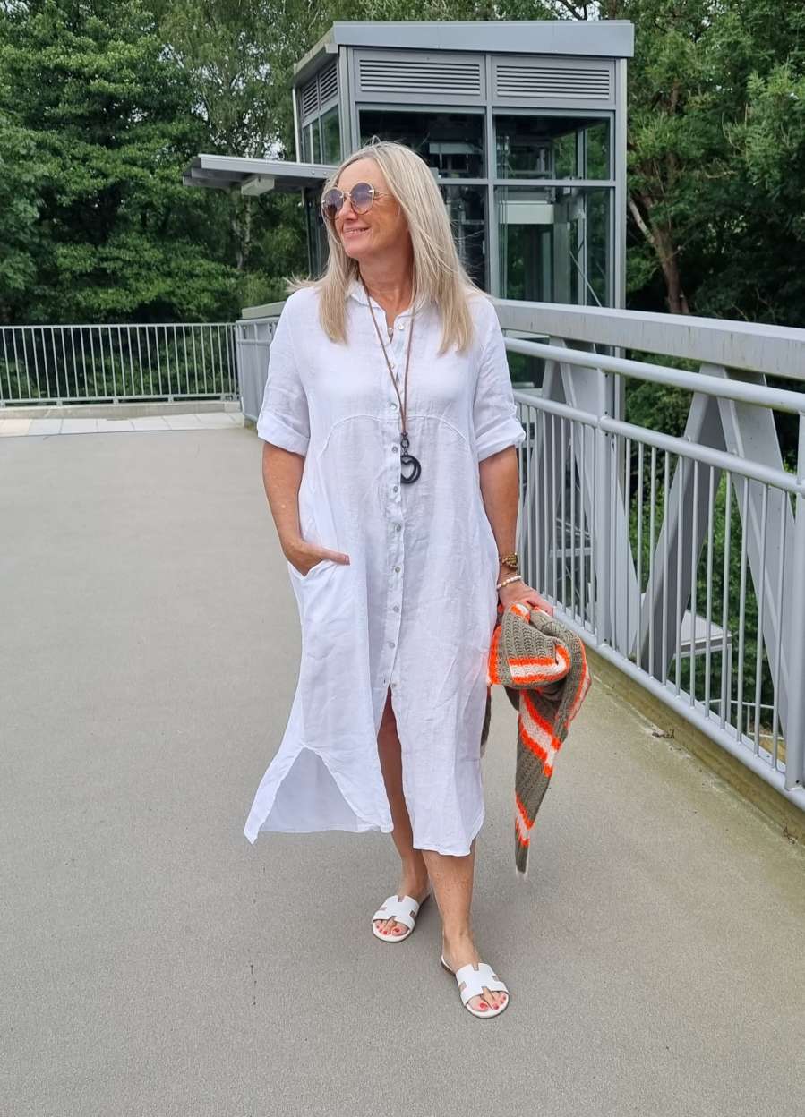 LINEN DESS WILMA WEISS 34-42 Made in Italy Leinen Kleid Long Bluse Mantel LINEN DESS WILMA WEISS 34-42 Made in Italy Leinen Kleid Long Bluse Mantel