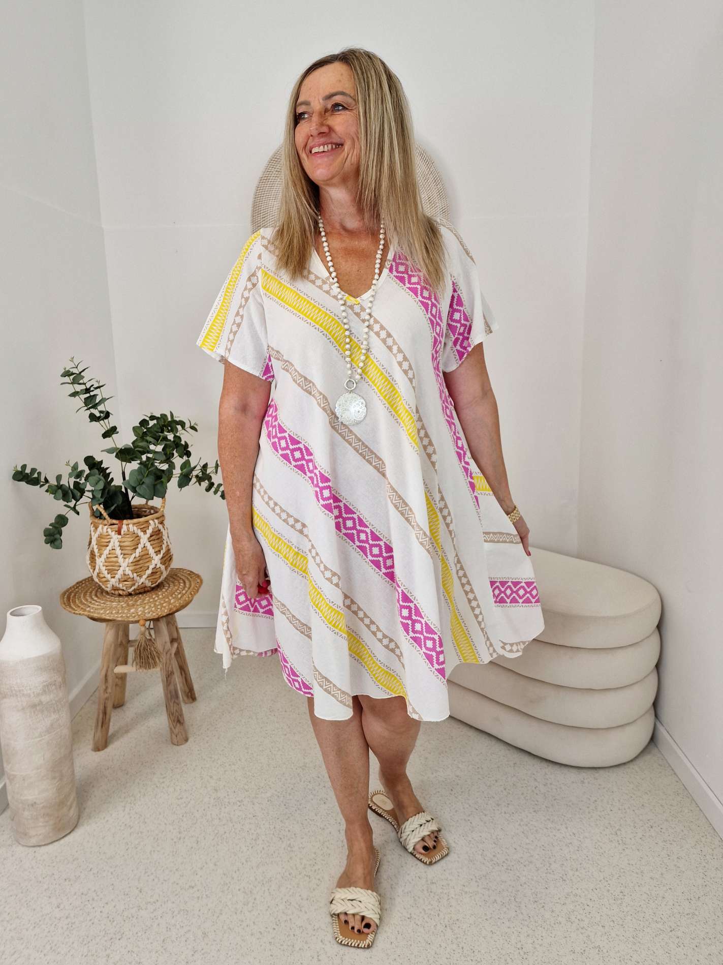 SOMMERKLEID PAROS PINK BEIGE Greek Style 36 - 42 SOMMERKLEID PAROS PINK BEIGE Greek Style 36 - 42