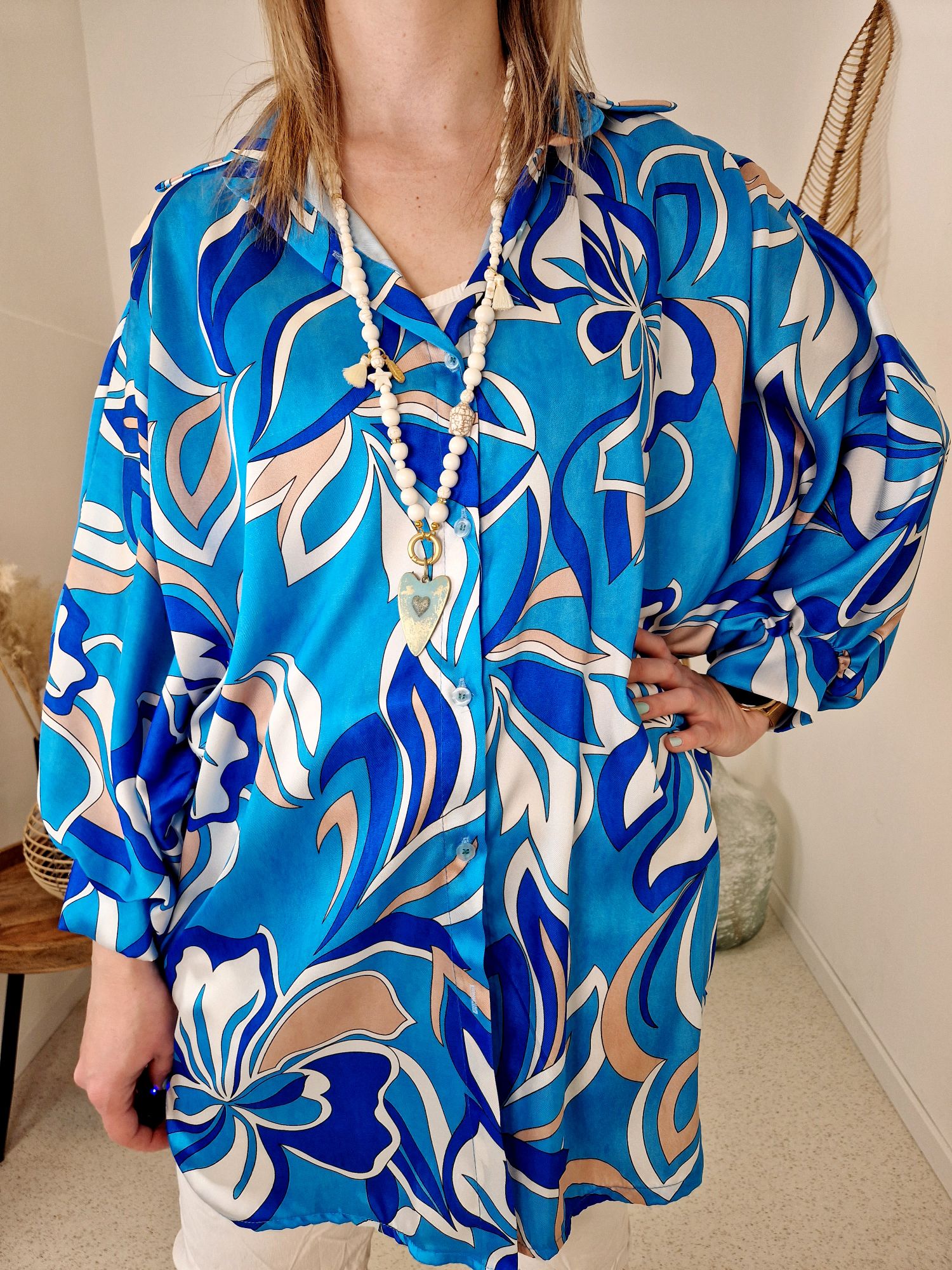 BLUSE CORNELIA BLAU 34-42 Made in Italy Oversize Shirt Hemd Silk Seiden Optik