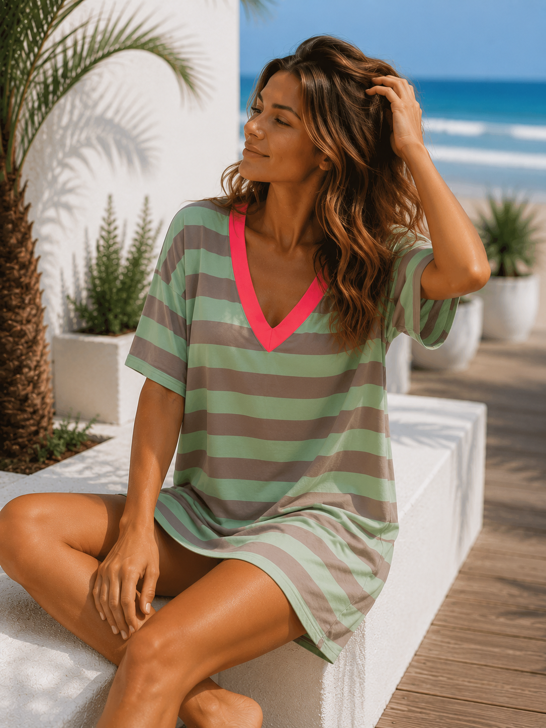 Beach-T-Shirt-Kleid „Pula“ – Streifen-Look 🌴 Made in Italy • Größe 34 bis 44