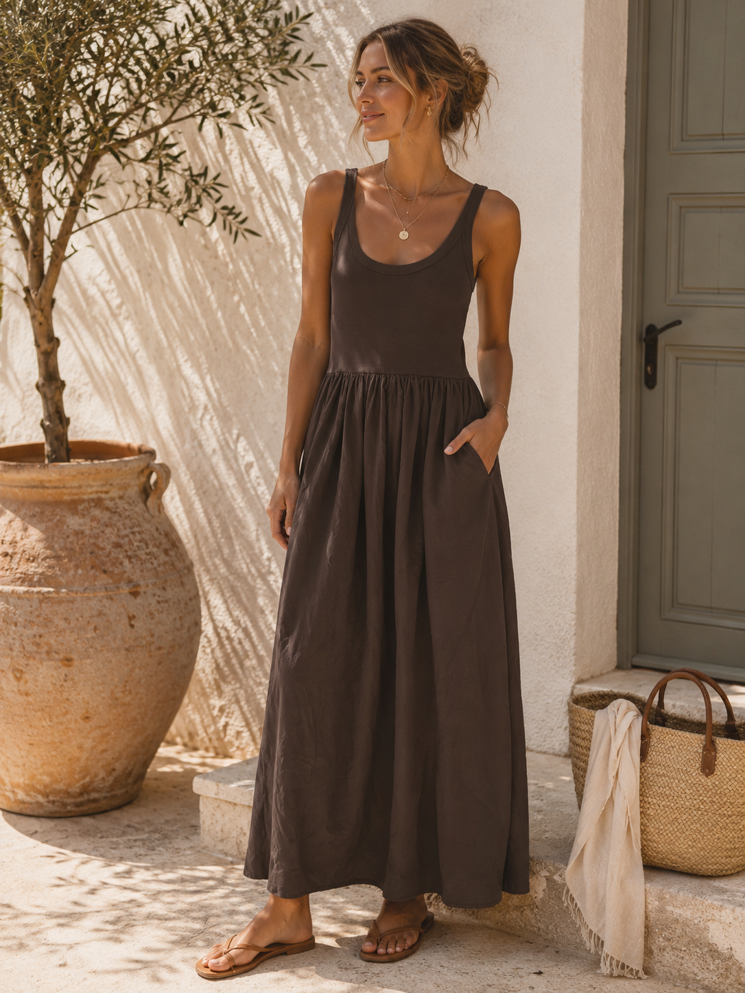 Exklusives Baumwollkleid Mirella Uni Schoko