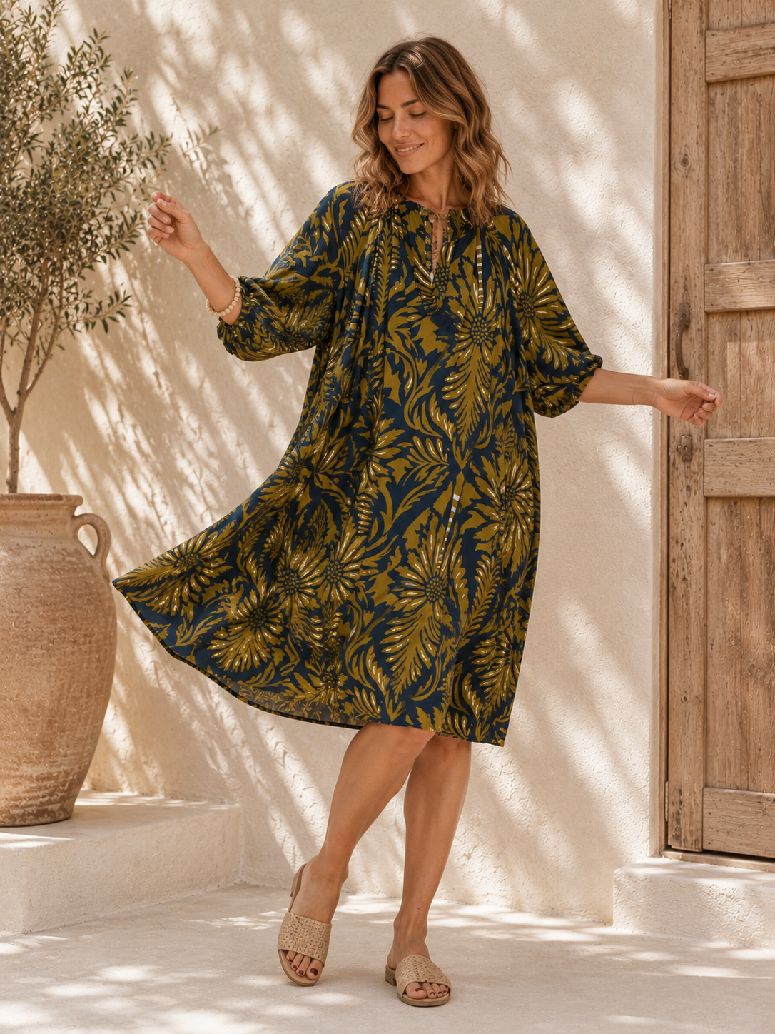 Kleid Kimolos Blätter- und Blumendesign Made in Italy 34-42/44