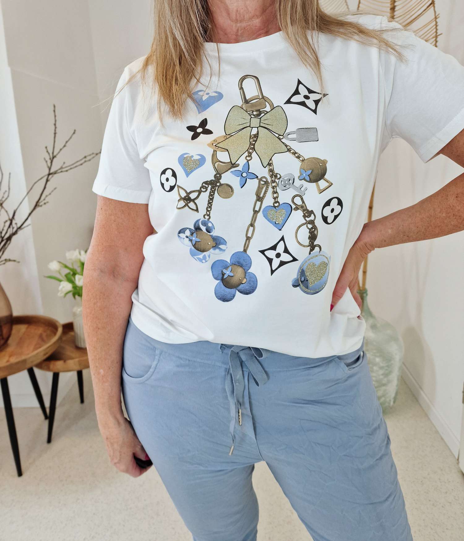 T-SHIRT GOLDEN RIBBON BLAU 34-40 Made in Italy Basic Kurzarm Shirt Oberteil WEISS