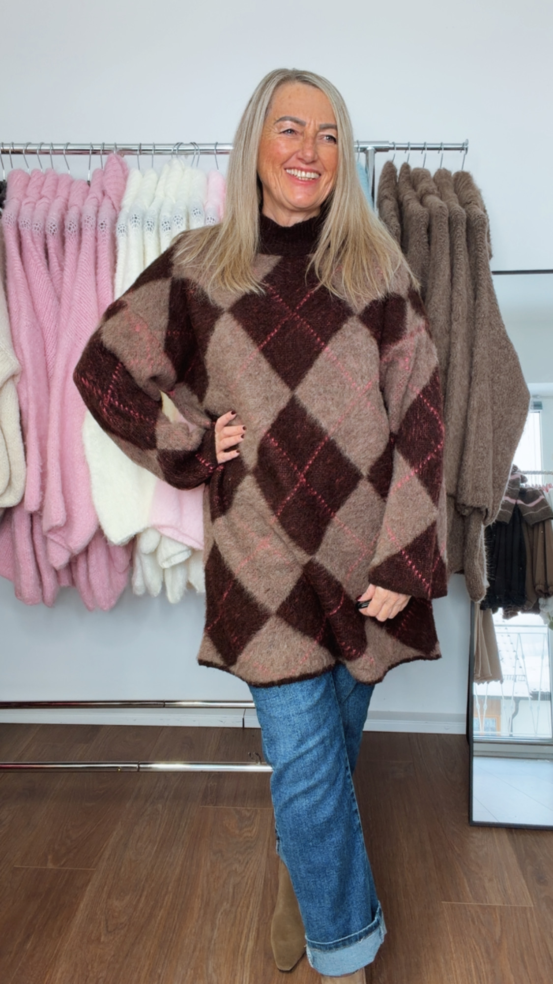 COZY KNIT SWEATER MIRANDA LONG Braun - Taupe  Pullover Strickpullover graphisches Muster 34- 44 Made in Italy