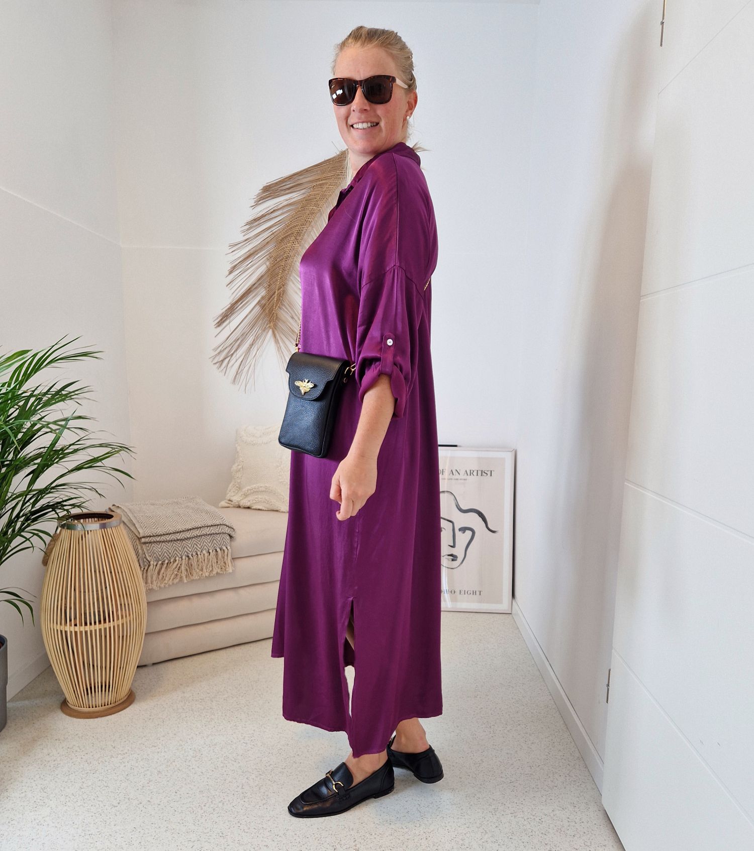 BLUSENKLEID NORA LILA 34-42/44 Made in Italy Oversize Maxi Kleid Mantel DRESS Satin Optik BLUSENKLEID NORA LILA 34-42/44 Made in Italy Oversize Maxi Kleid Mantel DRESS Satin Optik