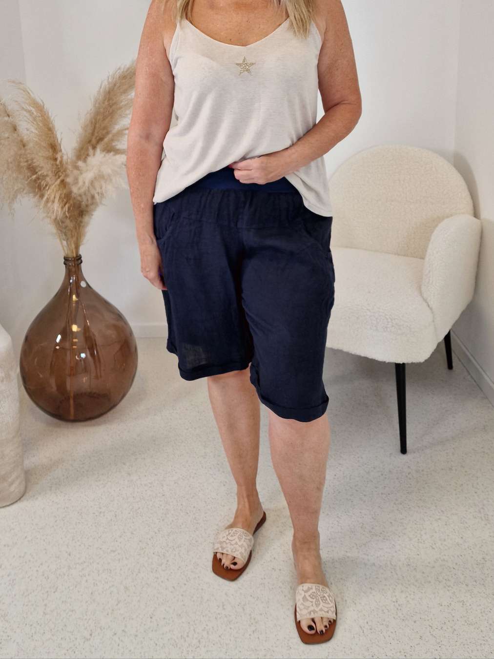 LEINEN PANTS SHORTS  MAXL  DUNKELBLAU 36 - 42 Made in Italy kurze Hose 